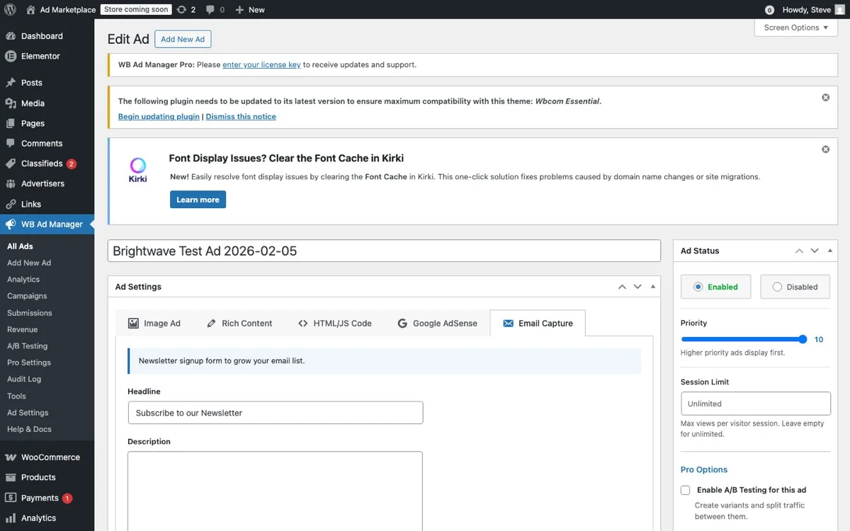 WB Ad Manager Pro ad editor showing ad labels, disclosure text, and placement targeting configuration