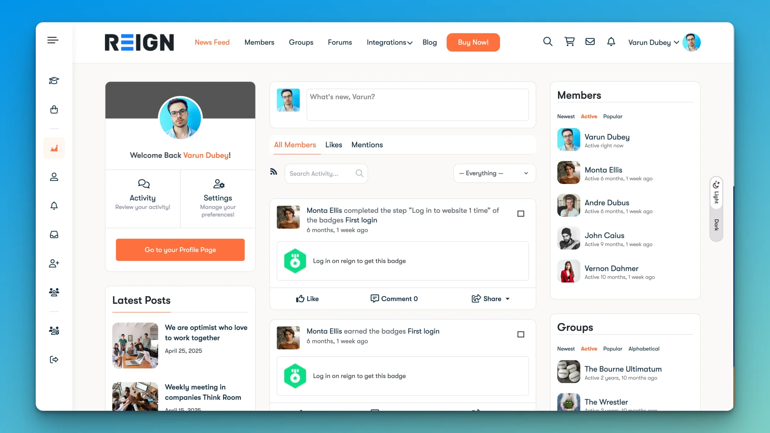 Reign theme BuddyPress community dashboard with activity feed, member profiles, and groups