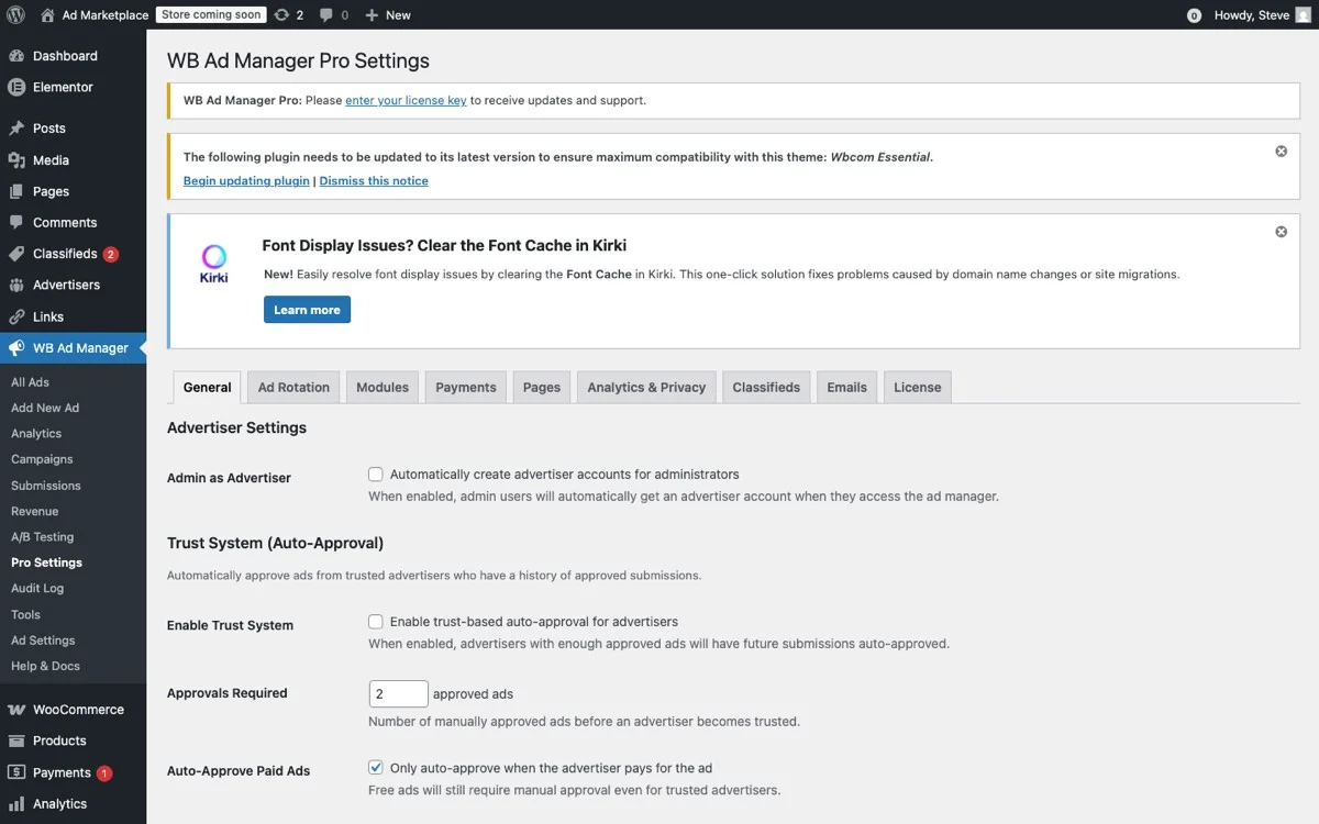 WB Ad Manager Pro Settings with Analytics and Privacy tab showing IP anonymization, data retention, and compliance controls