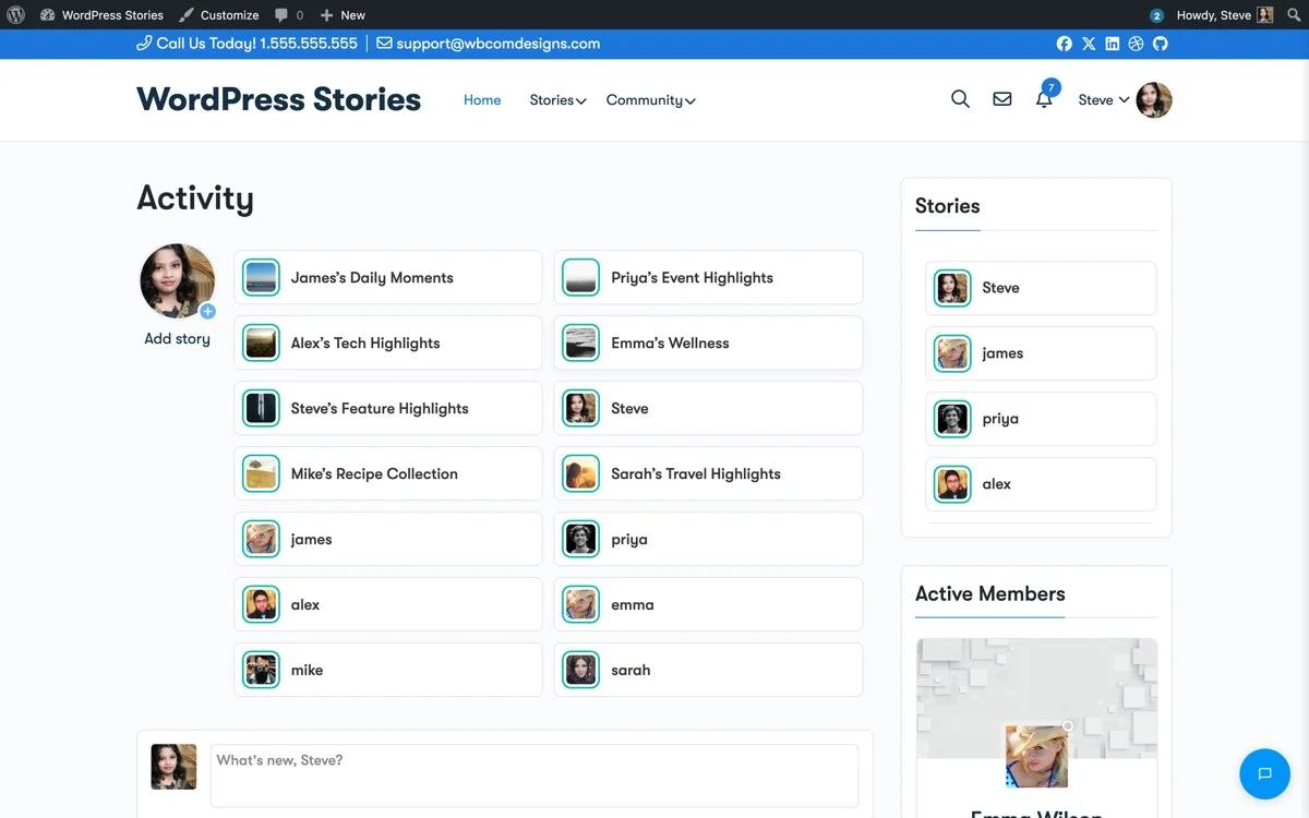WP Stories list style display showing stories in a vertical list format with user details and story previews
