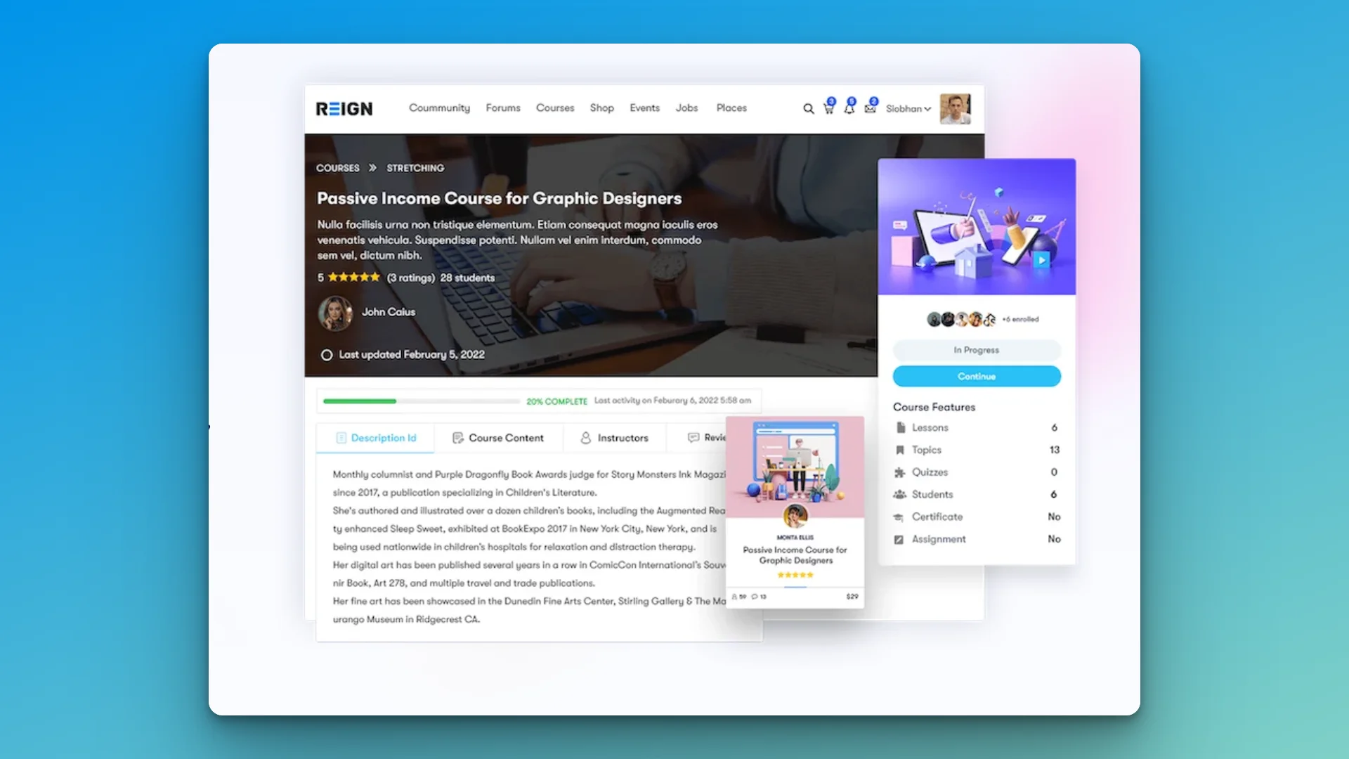 Reign theme with LearnDash showing a course page with progress tracking and lesson navigation