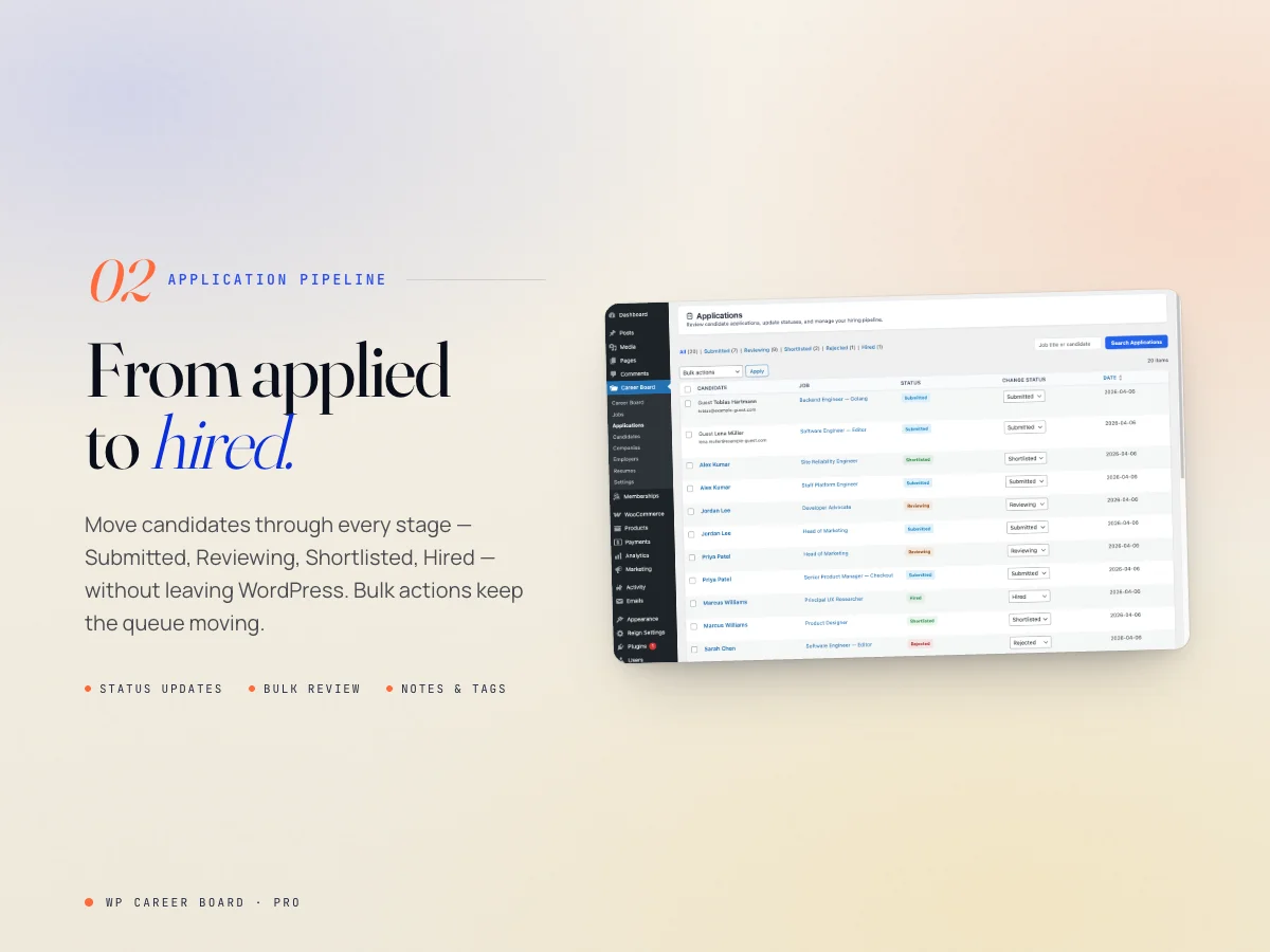 Feature card showing applicants moving through Submitted, Reviewing, Shortlisted, and Hired stages