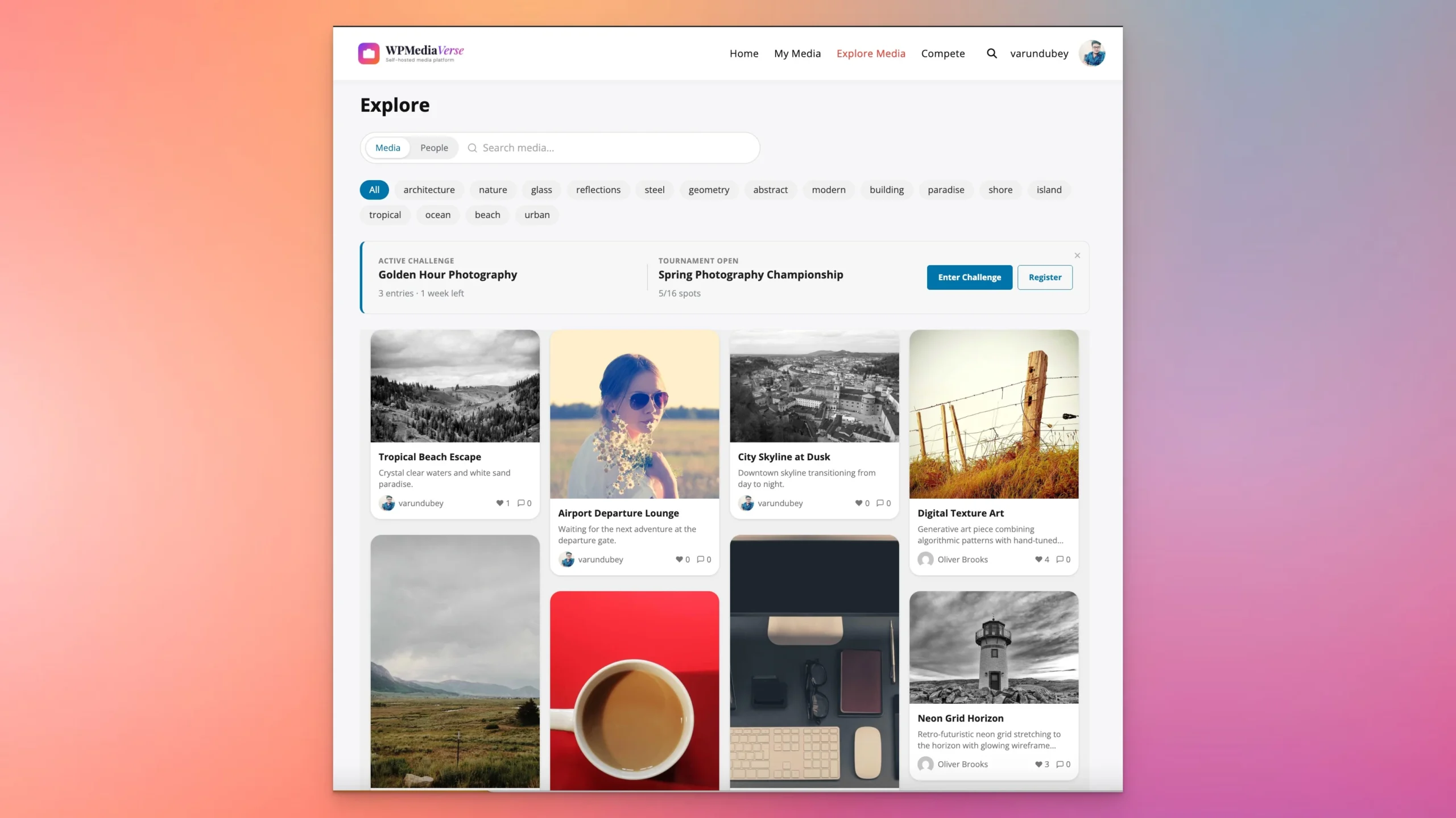 WPMediaVerse Explore page with tag filters, photo challenges, tournaments, and media grid