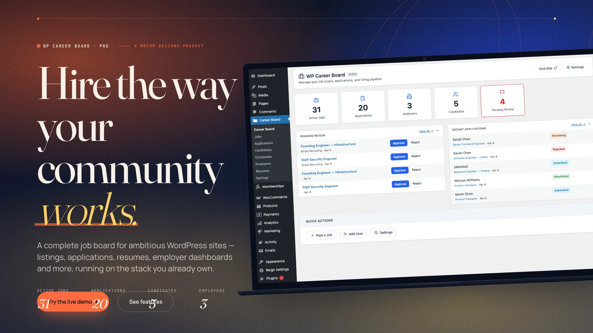 WP Career Board Pro admin dashboard inside a laptop mockup