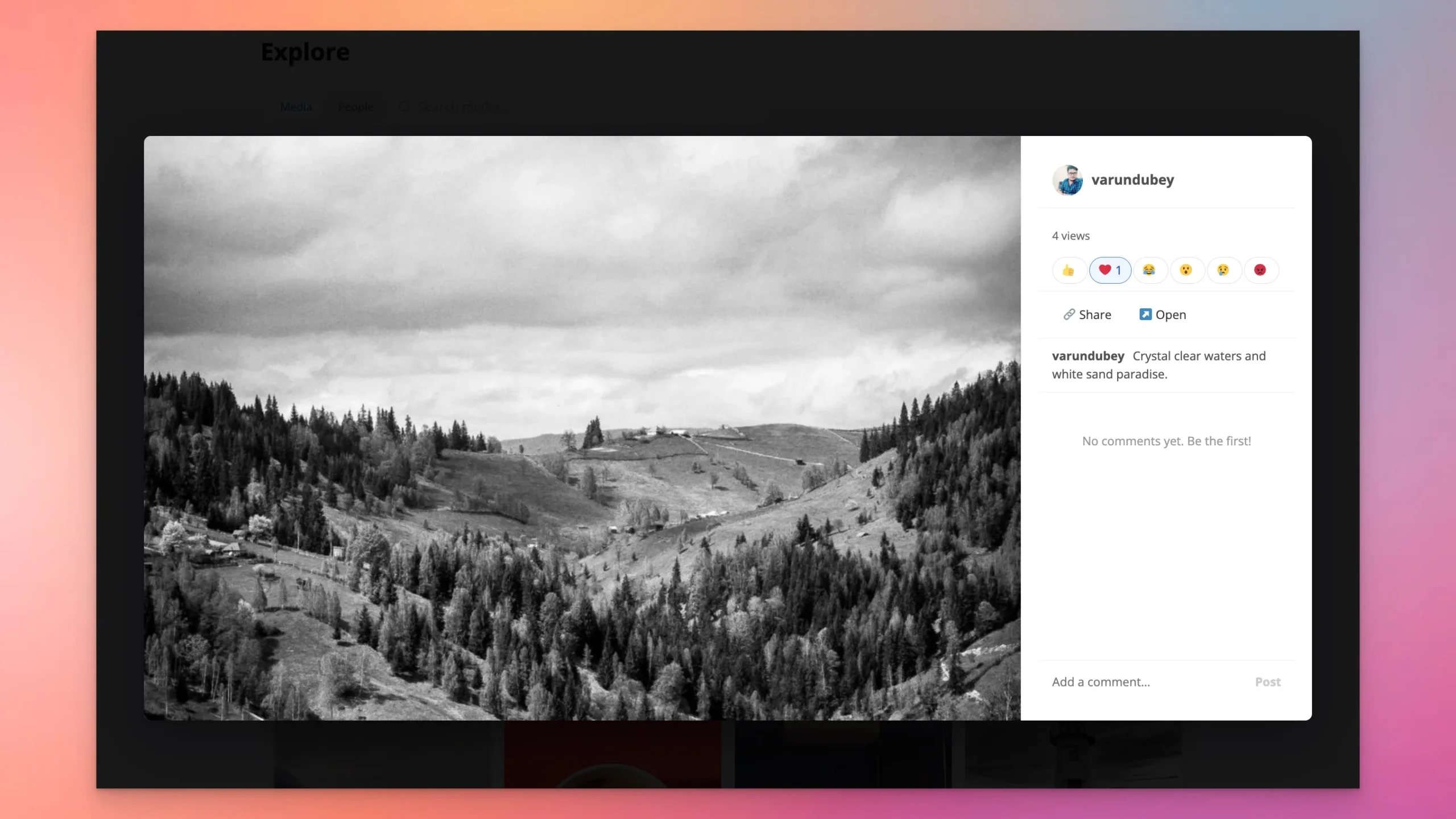 WPMediaVerse lightbox view with emoji reactions, comments, and sharing options