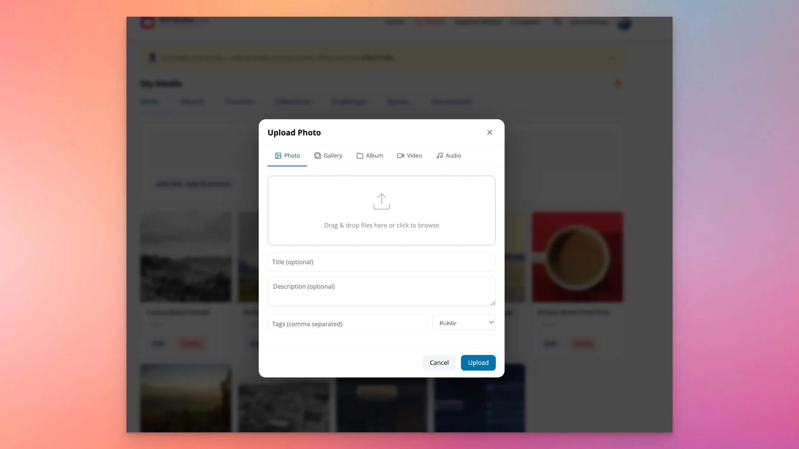 WPMediaVerse upload dialog supporting Photo, Gallery, Album, Video, and Audio uploads with drag and drop