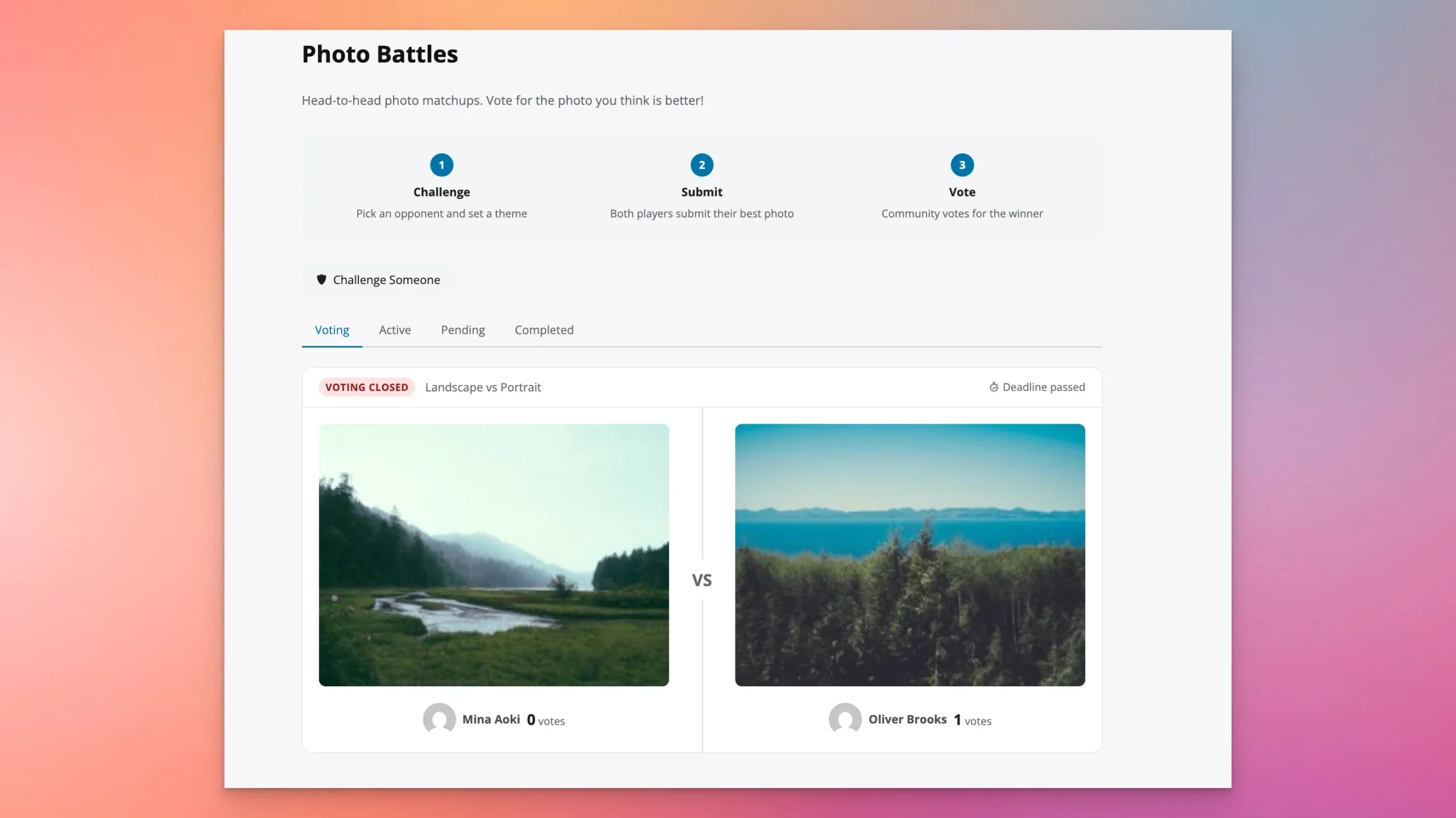 WPMediaVerse Photo Battles feature showing 1v1 matchups with community voting