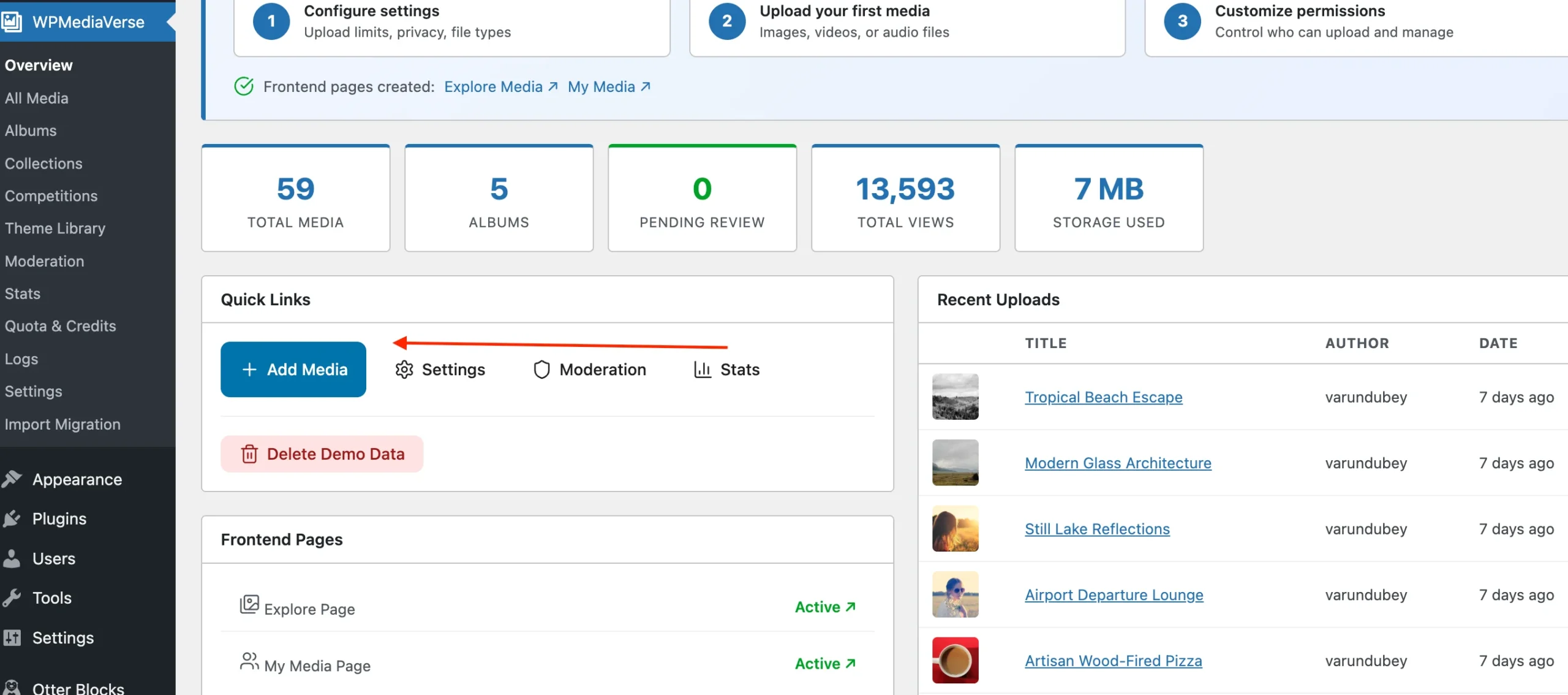 WPMediaVerse admin dashboard overview showing media stats, storage usage, recent uploads, and quick links
