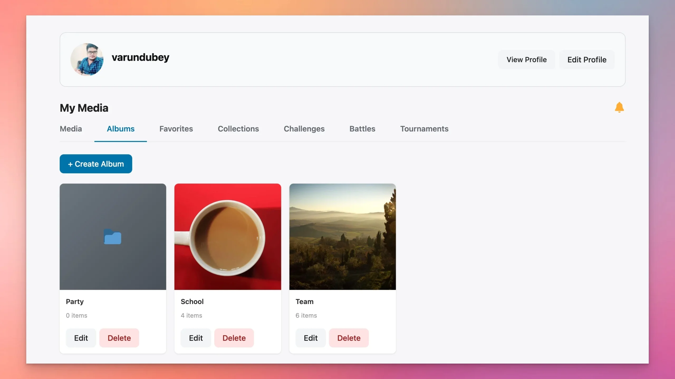 WPMediaVerse My Media albums page showing album cards and create album button