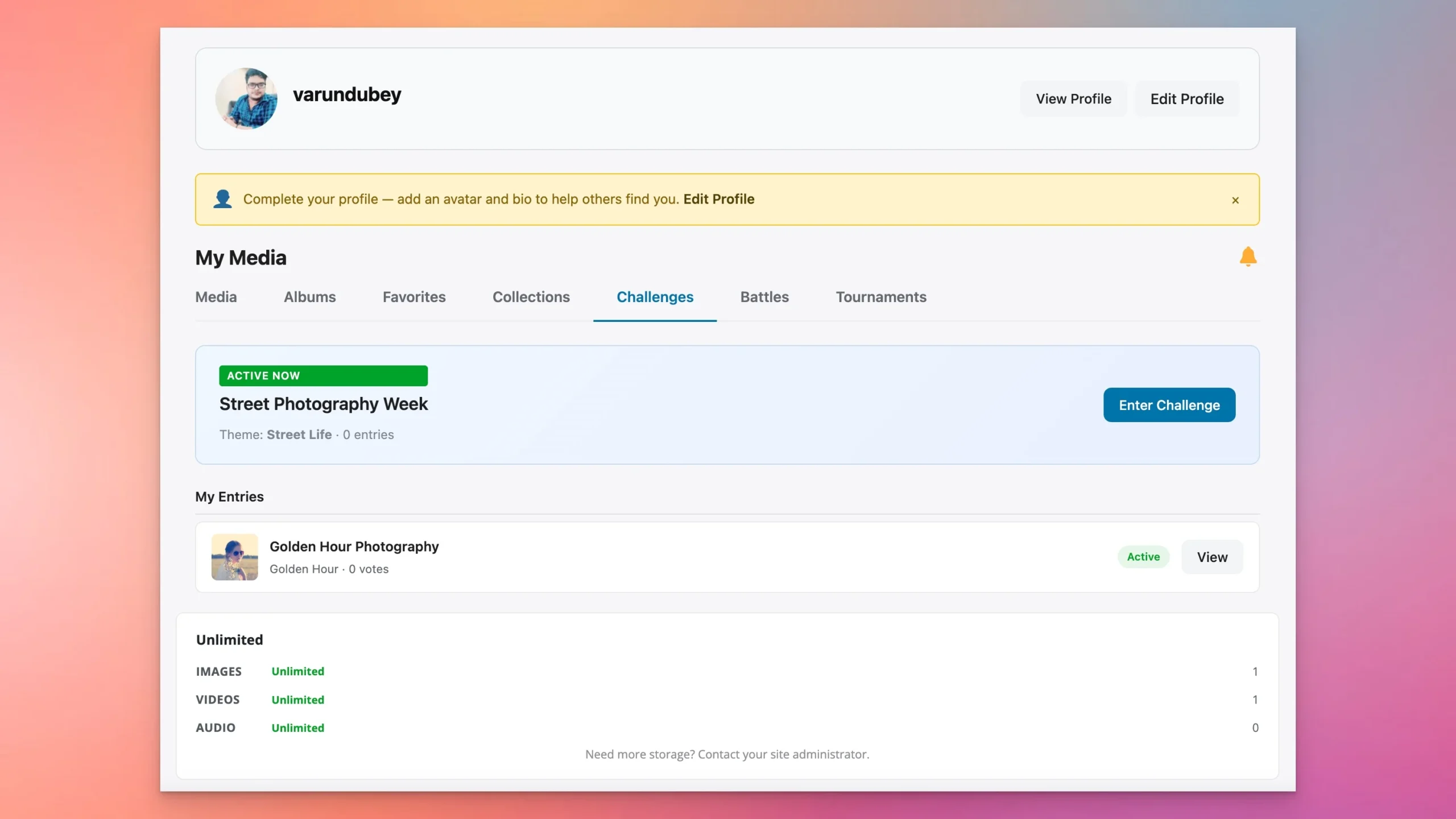 WPMediaVerse challenges dashboard showing an active photography challenge and user entries