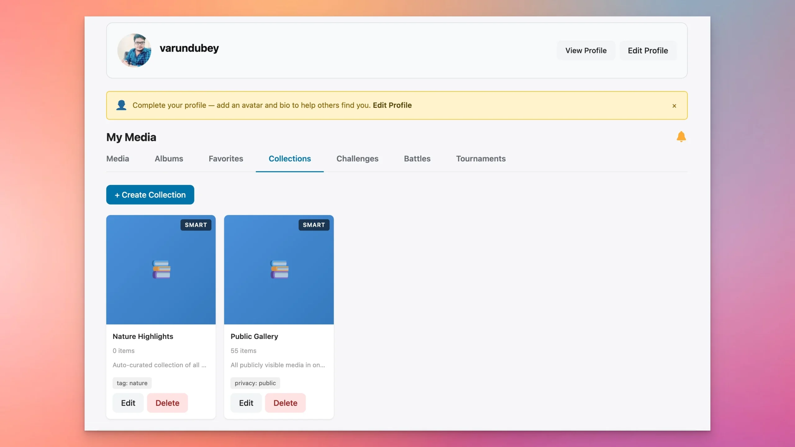 WPMediaVerse collections page showing smart collections for organizing media automatically