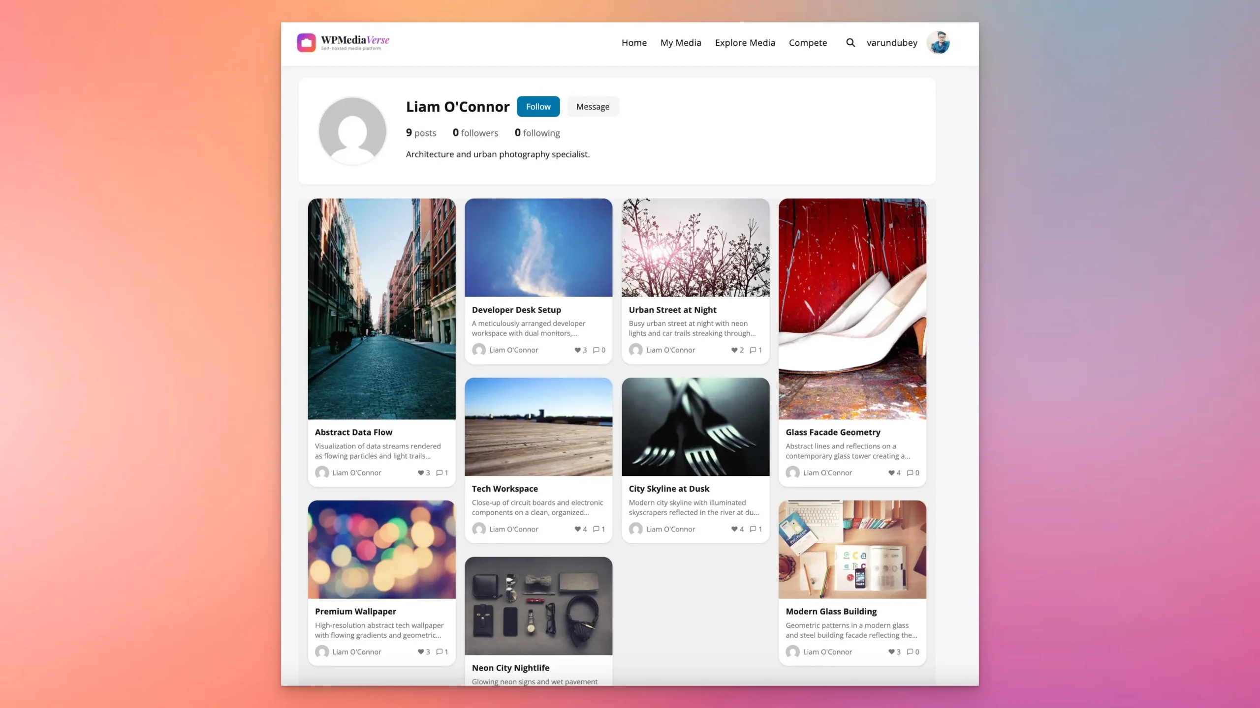 WPMediaVerse user profile showing media grid, follower count, and social features