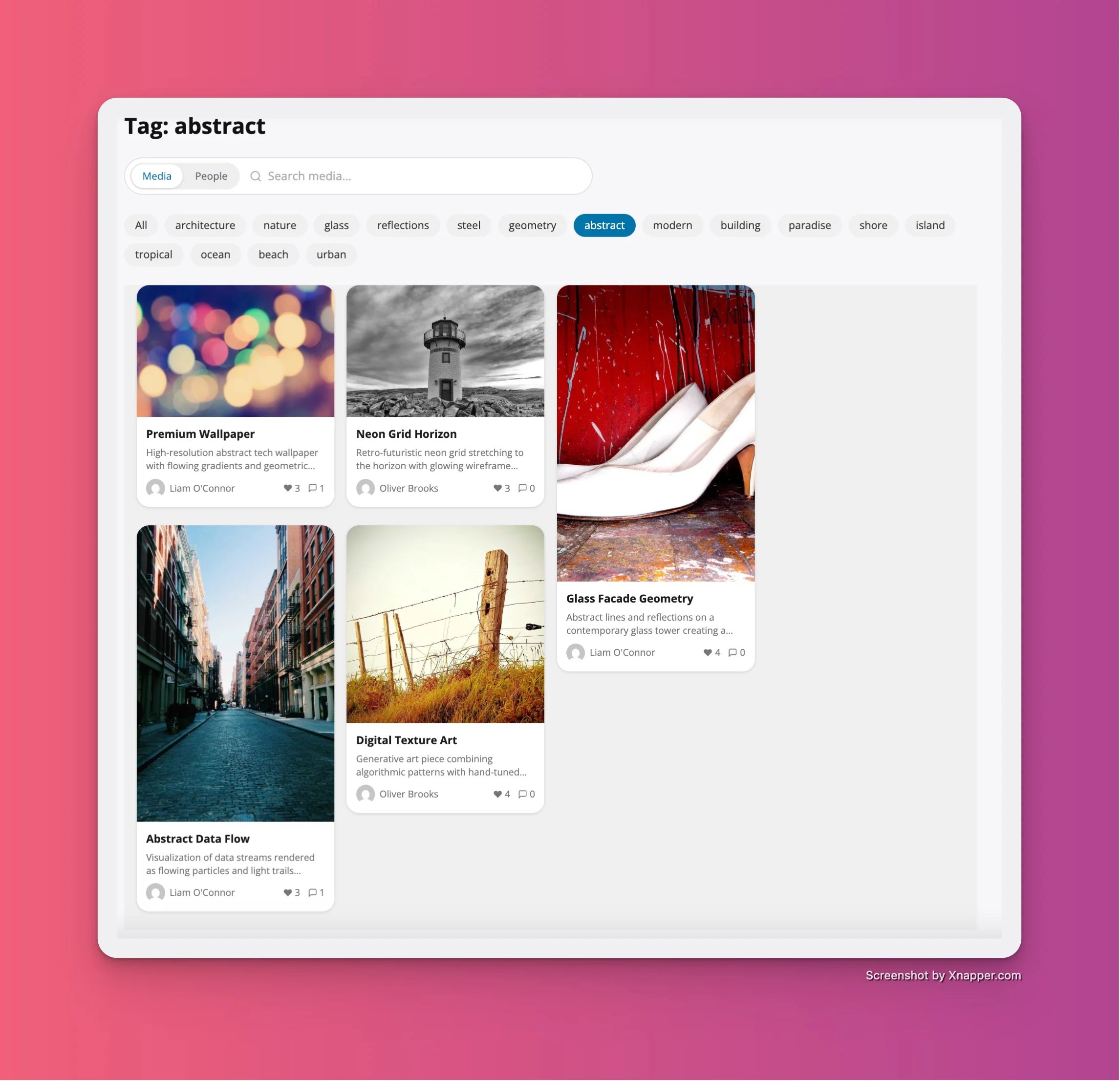 WPMediaVerse tag-filtered media feed showing abstract media results