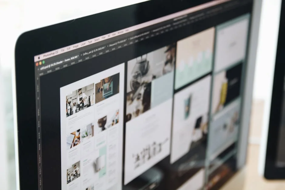 Modern computer screen displaying web design work in a workspace