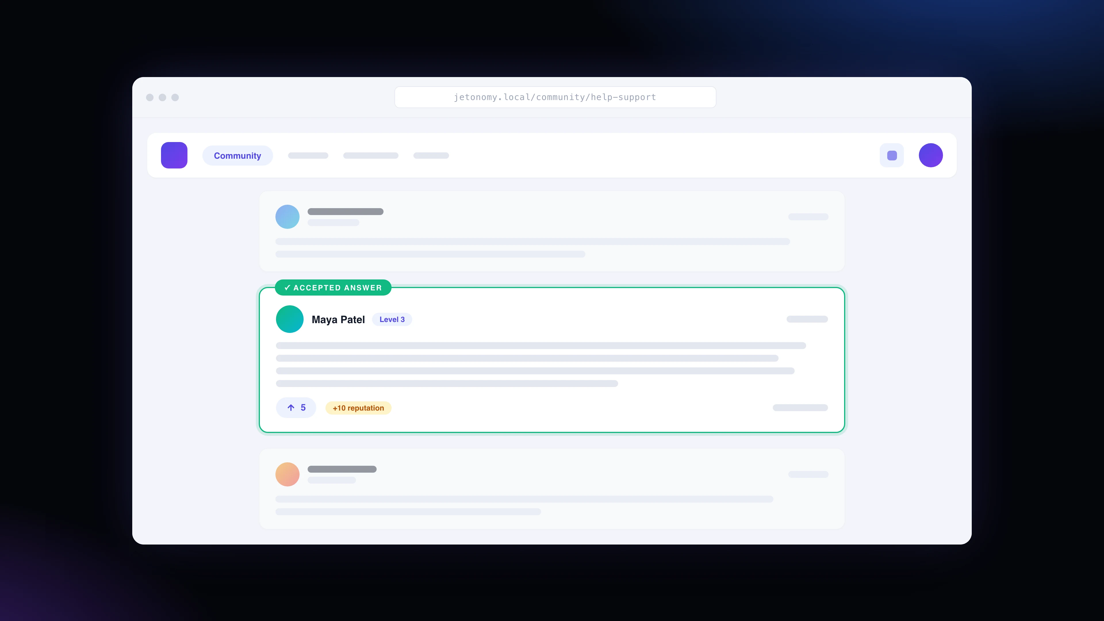 Online course community forum Q&A thread showing an accepted answer in Jetonomy