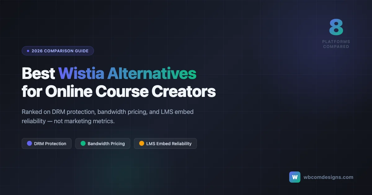 Best Wistia alternatives for online course creators in 2026 — comparison of 8 platforms on DRM, bandwidth pricing, and LMS embed reliability