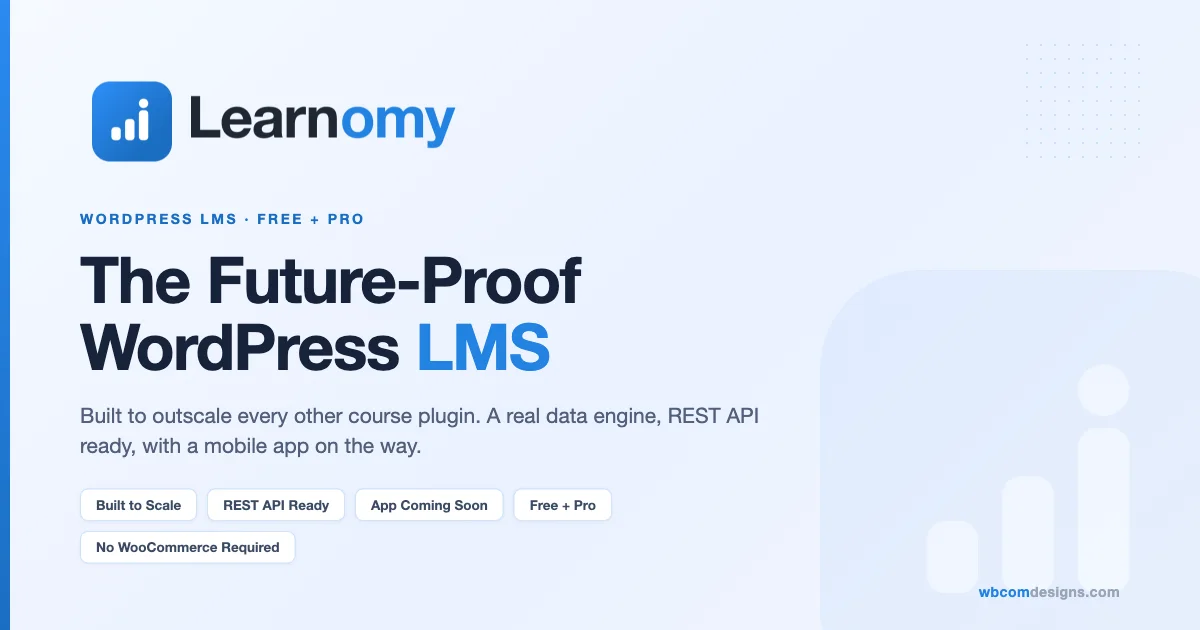 Learnomy logo with the headline The Future-Proof WordPress LMS, built to scale, REST API ready, mobile app coming soon, Free and Pro