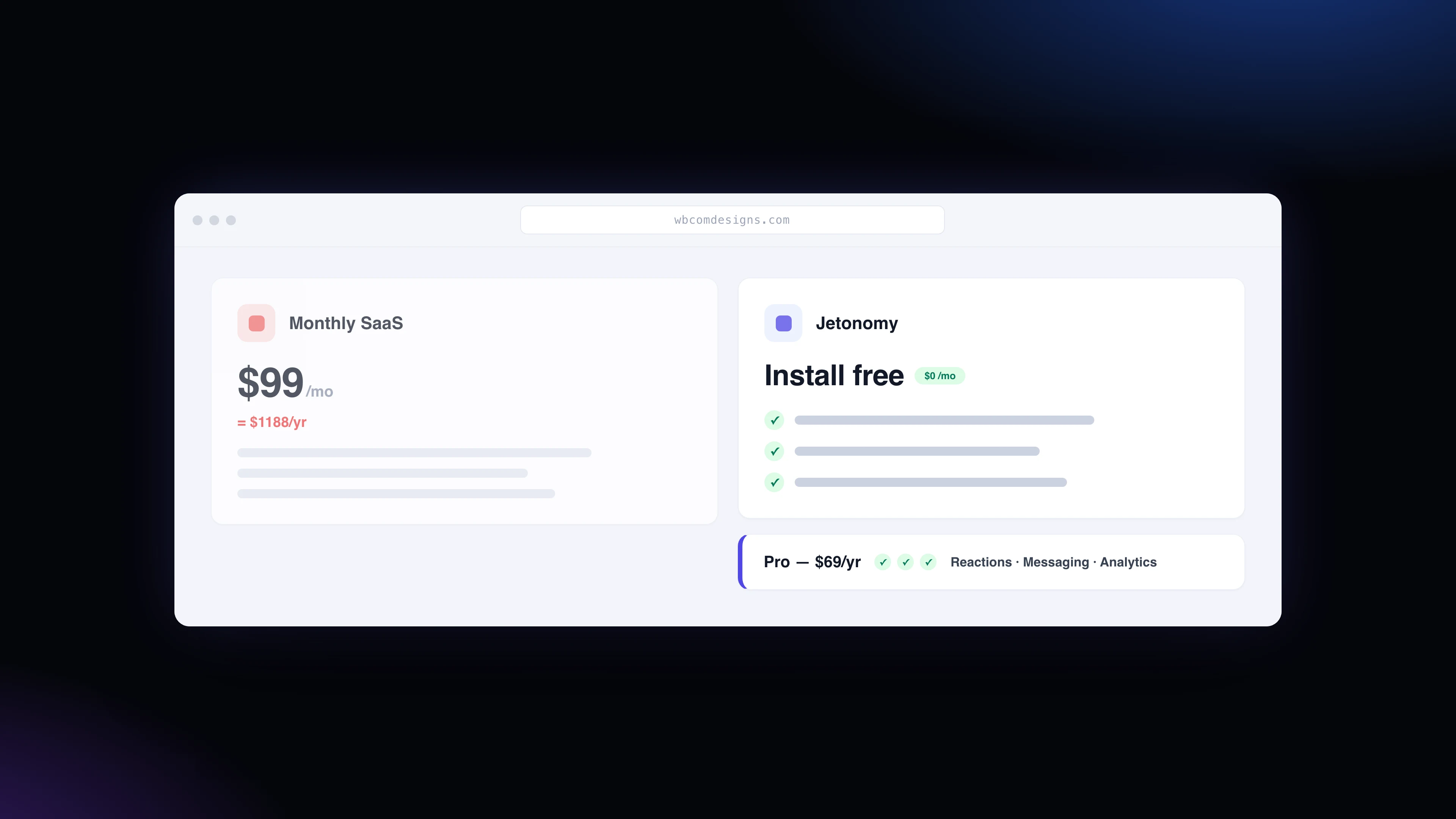 Jetonomy pricing comparison showing free install and Pro from 69 dollars per year