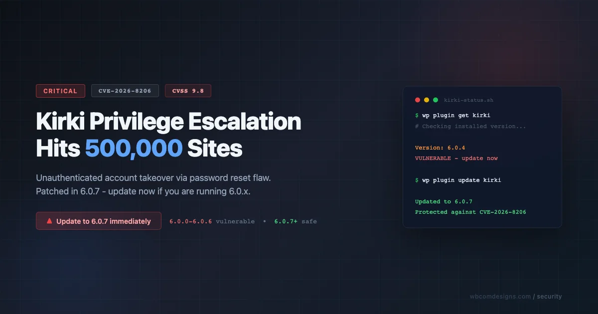 Security advisory banner showing CVE-2026-8206 Kirki privilege escalation vulnerability affecting WordPress sites running Kirki 6.0.0 to 6.0.6
