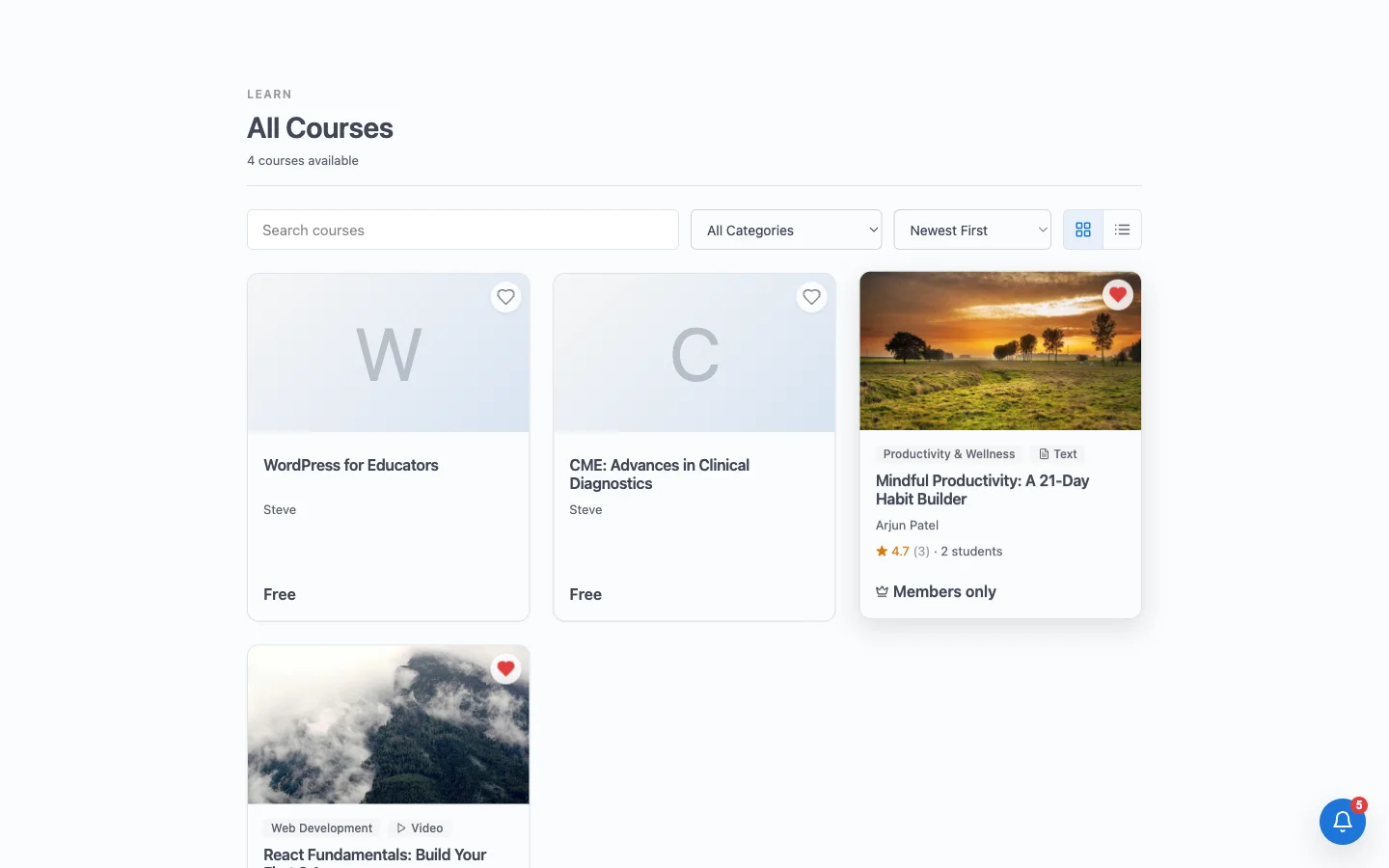 Learnomy course catalog page showing a searchable grid of courses with categories, ratings, and pricing