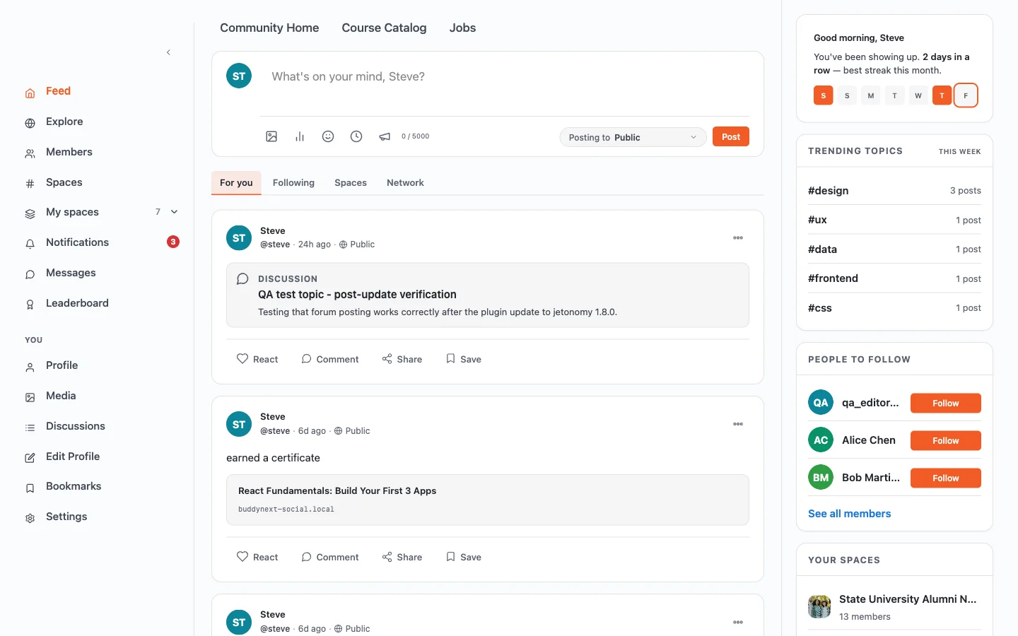 A real-time activity feed showing member posts, discussion threads, and an earned certificate announcement