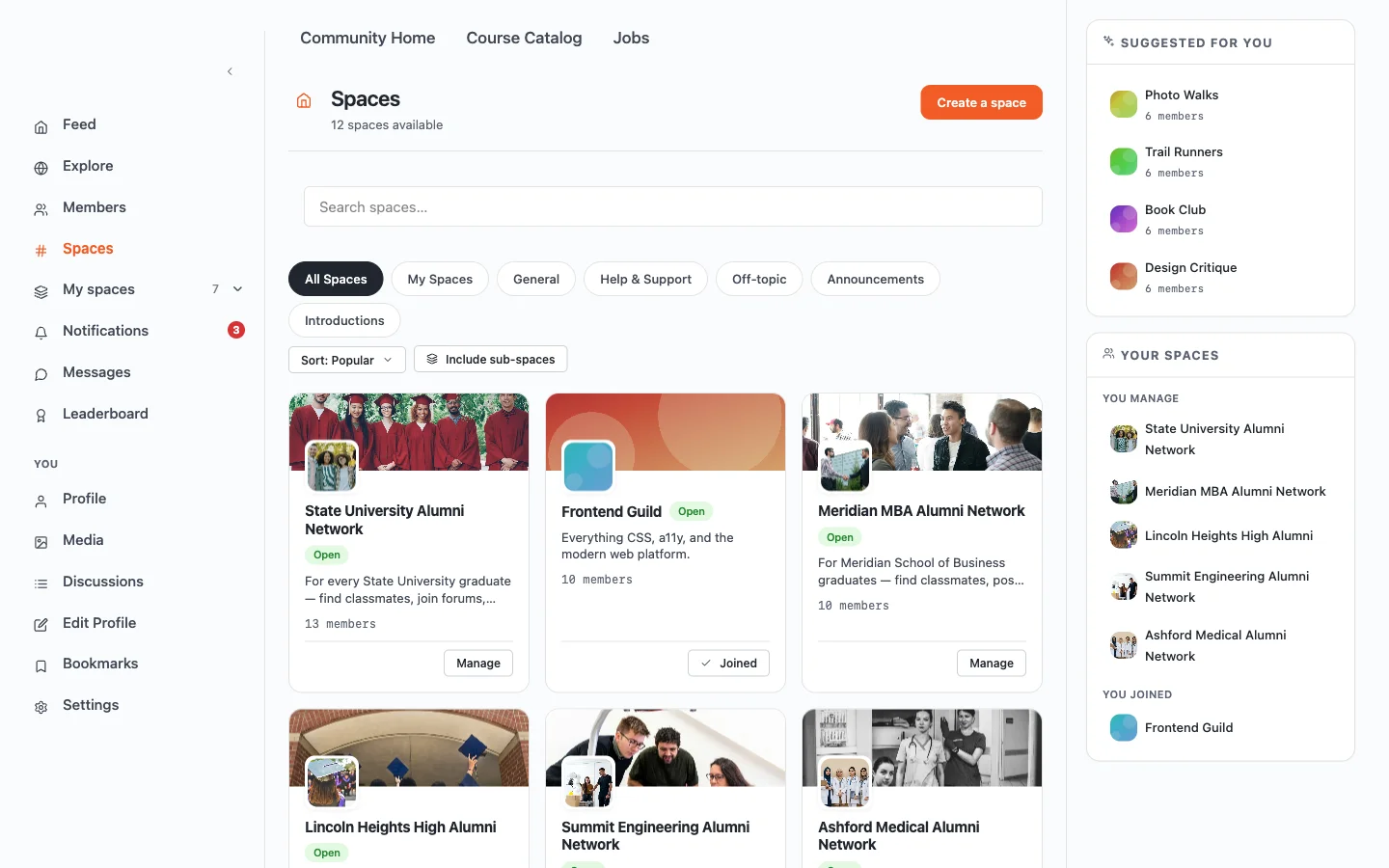 A directory of community spaces (groups) with member counts and join options
