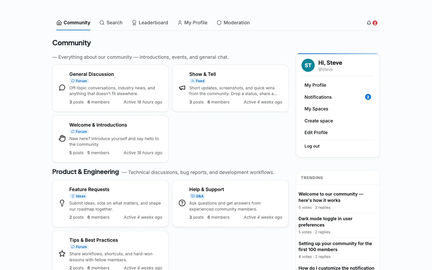 A community discussions hub with forum, Q&A, feed, and ideas-type spaces organized by category
