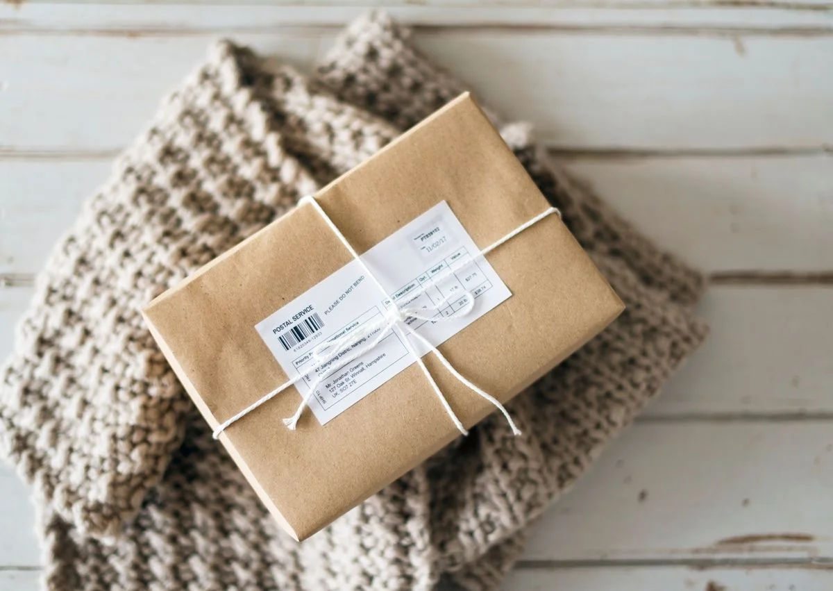 Brown paper wrapped package with a shipping label, ready to send to a customer