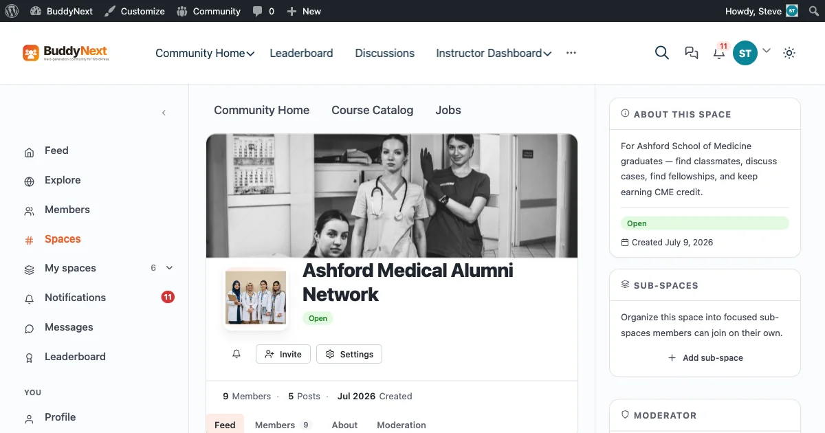 Ashford Medical Alumni Network BuddyNext Space showing cover photo and activity feed