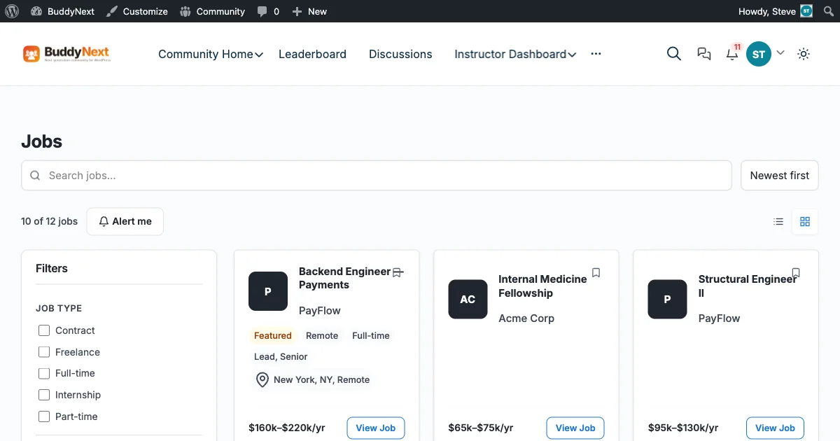 WP Career Board jobs board showing an Internal Medicine Fellowship listing