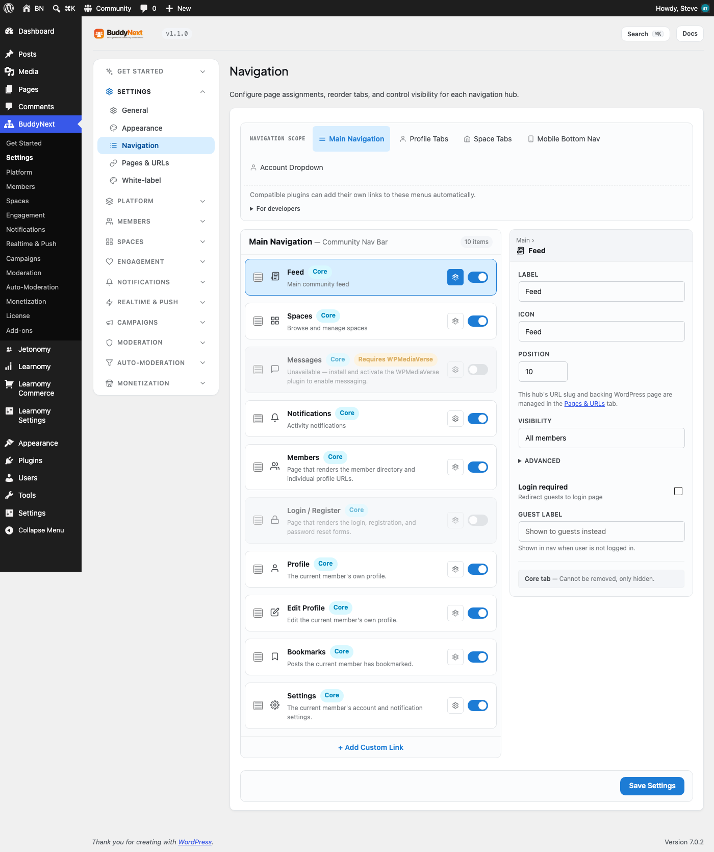 BuddyNext Navigation editor showing an editable Label field for each nav item