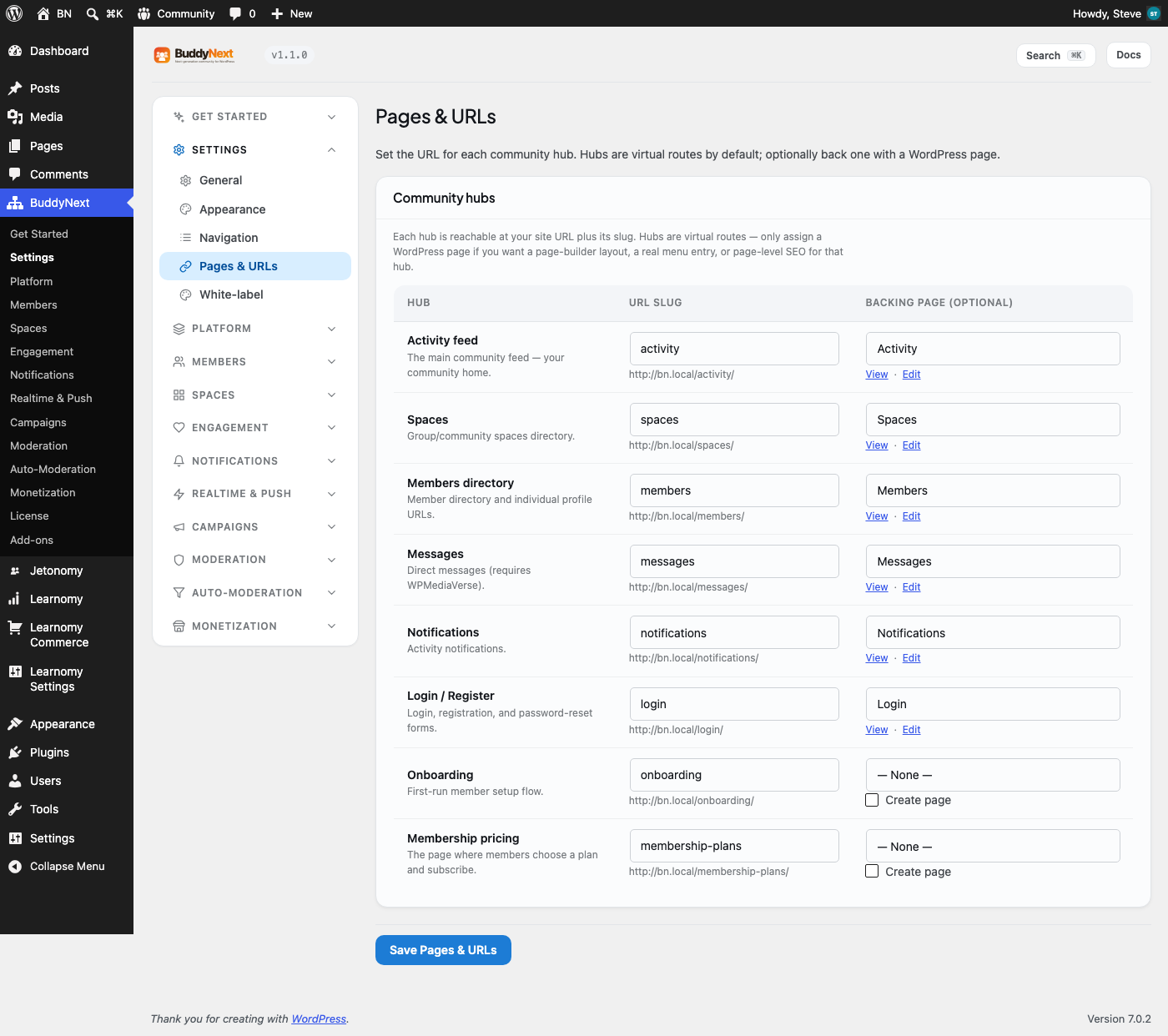 BuddyNext Pages & URLs screen showing the editable "spaces" URL slug field