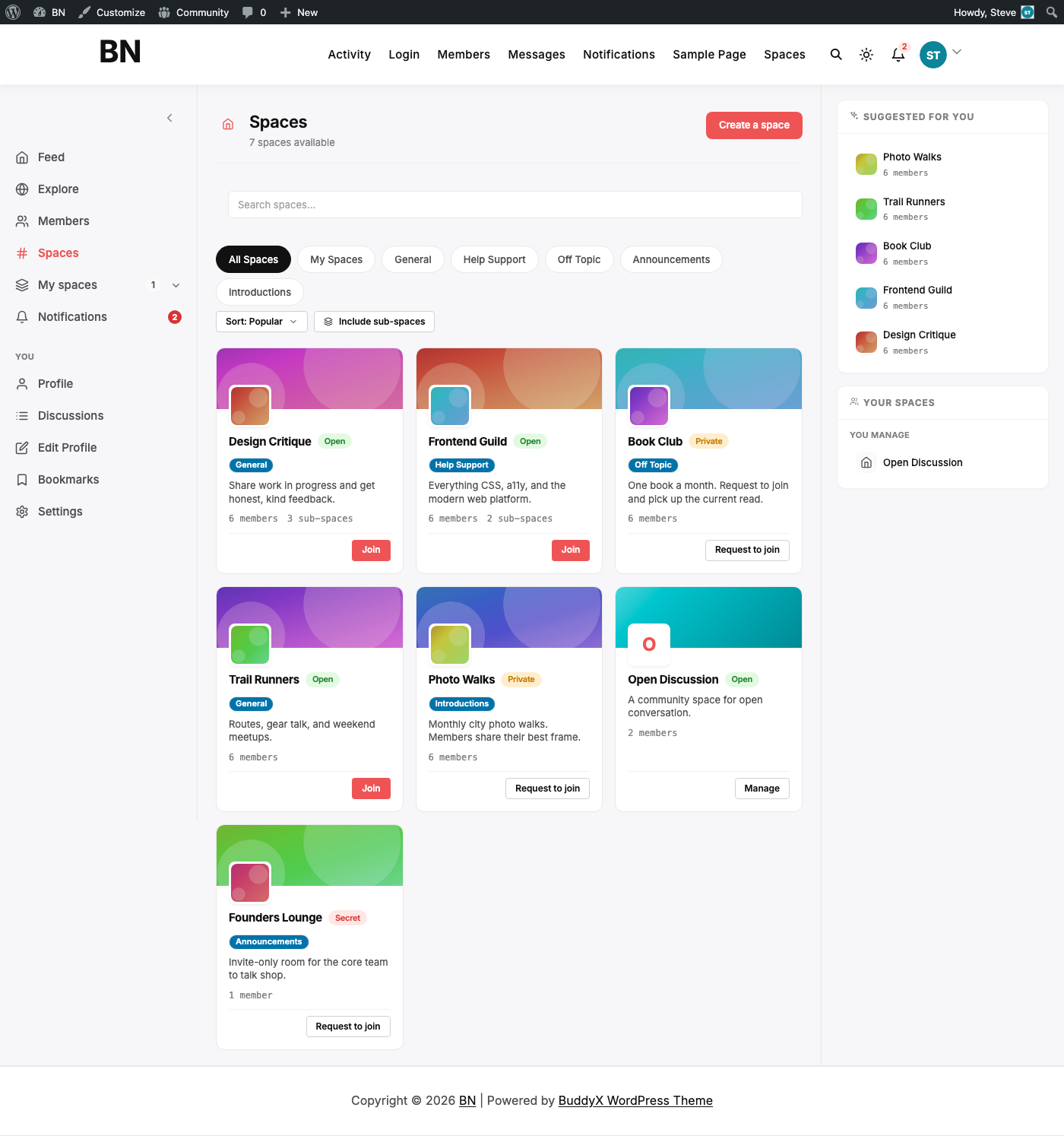 BuddyNext front-end Spaces directory with join/request buttons and category filters