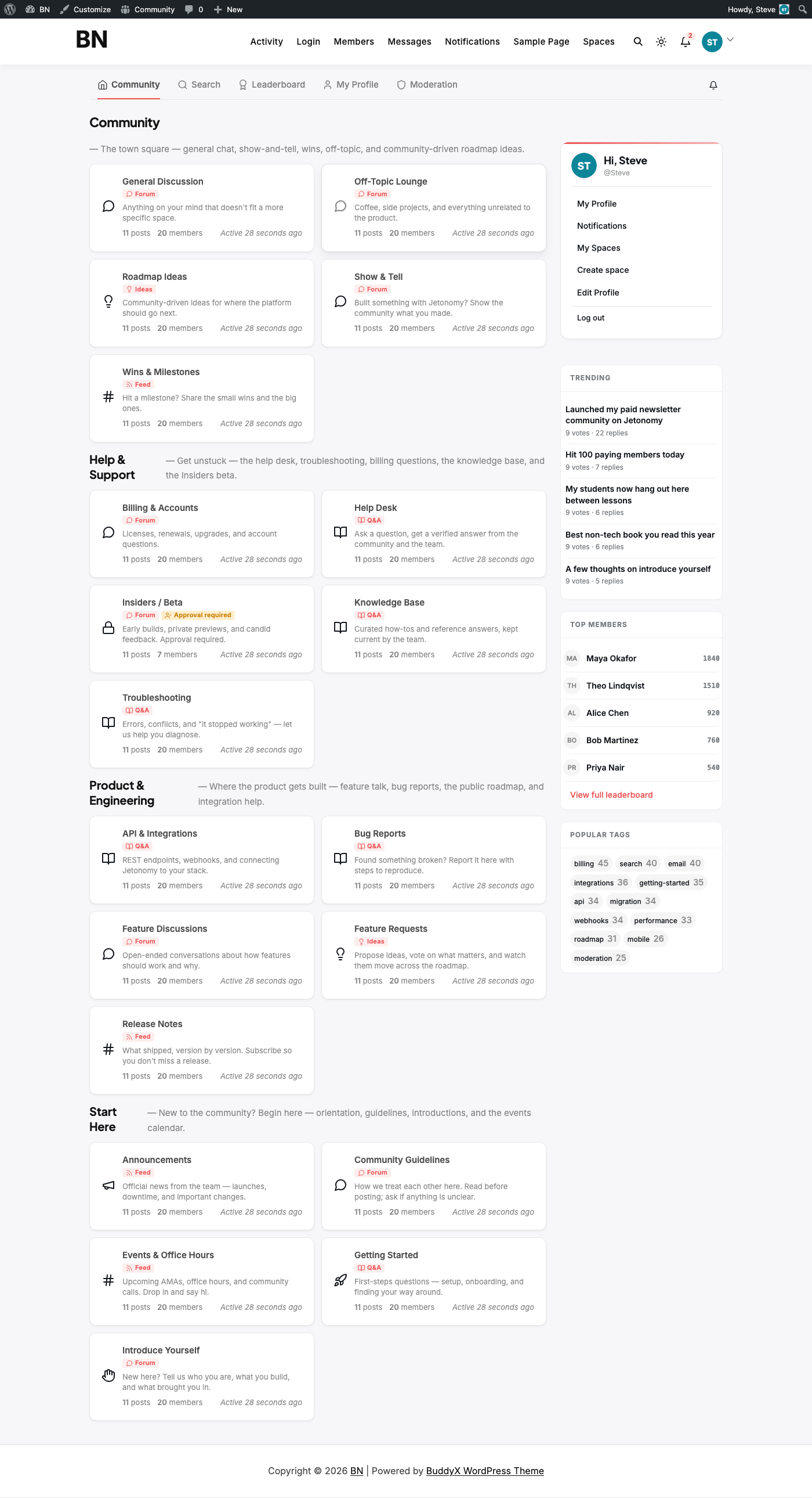 Jetonomy front-end Community page with sectioned Spaces, trending posts, and top members