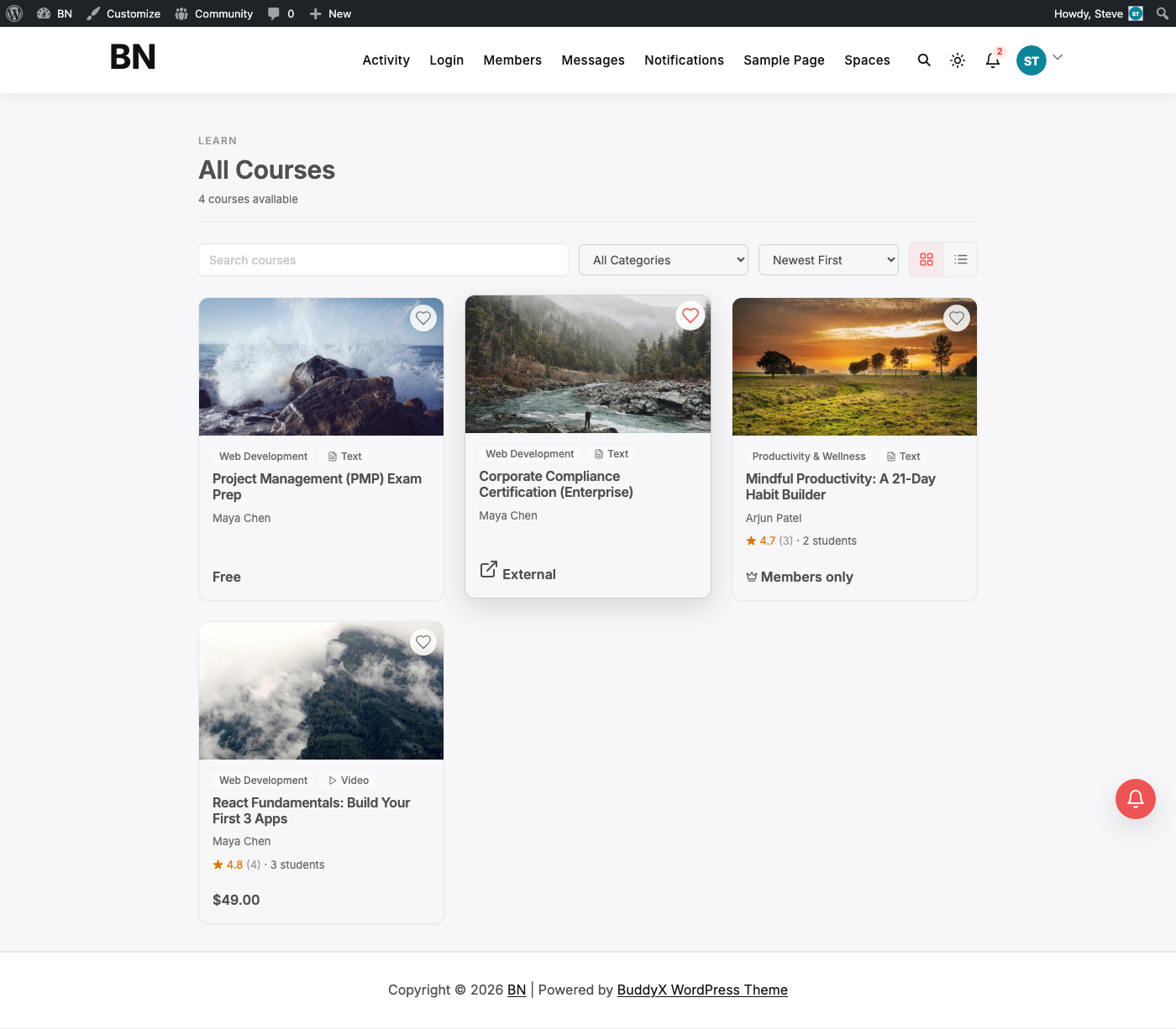 Learnomy's free Courses catalog page with filtering and sorting