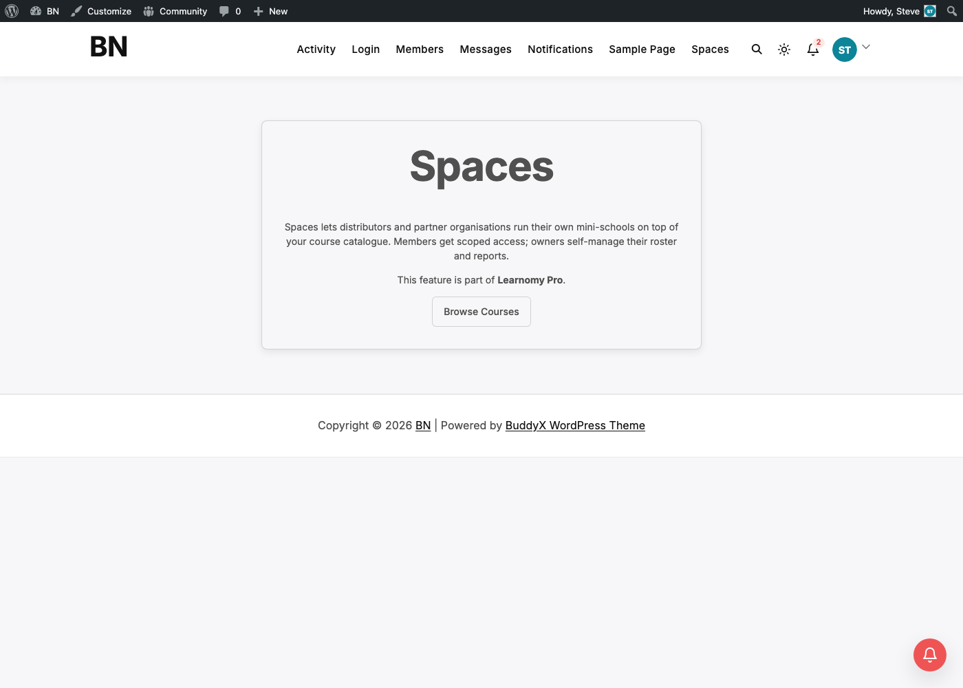 Learnomy's My Spaces page showing an upgrade-to-Pro message rather than working content