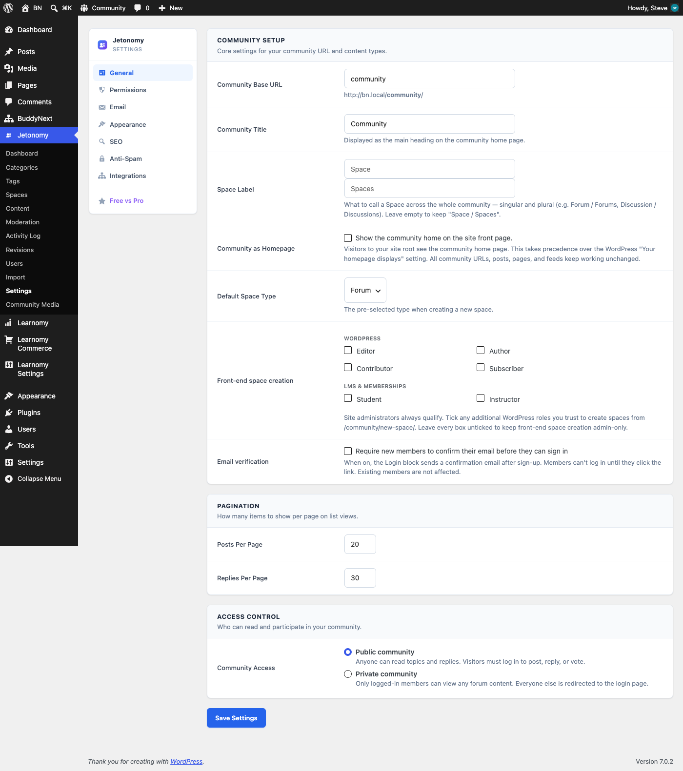 Jetonomy General settings showing the editable Community Base URL field defaulting to "community"