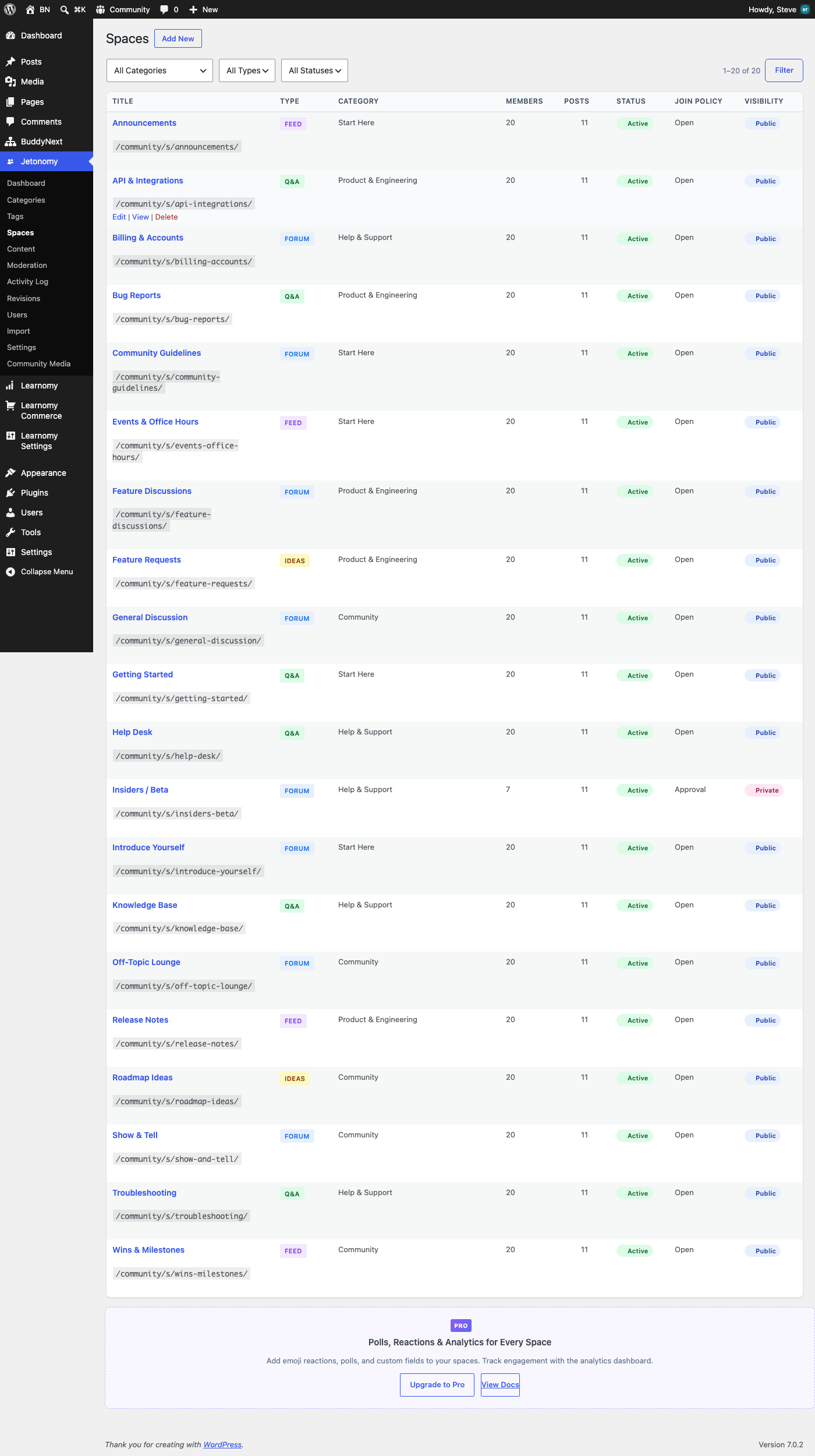 Jetonomy admin Spaces list showing FORUM/Q&A/IDEAS/FEED types grouped by category