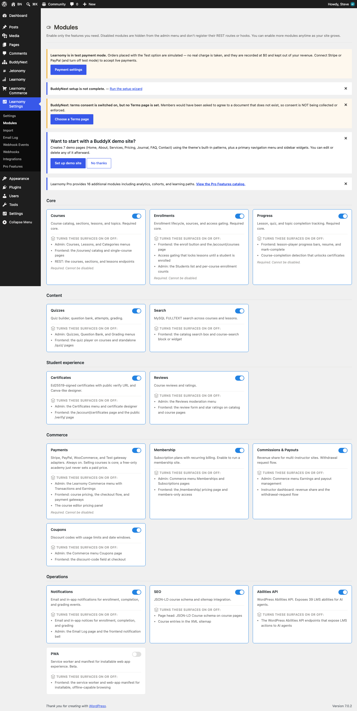 Learnomy Modules screen listing free modules, no Spaces module present