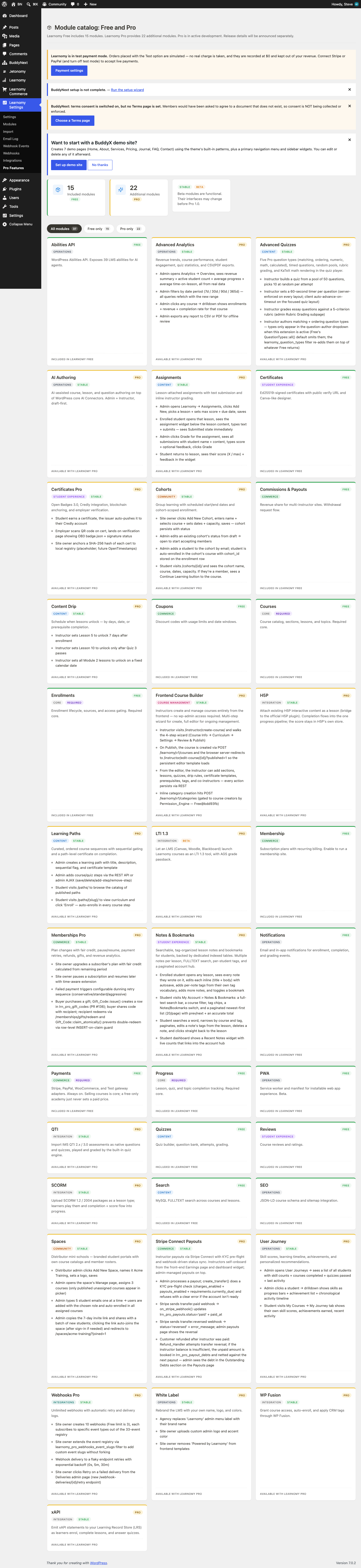 Learnomy Pro Features catalog with the Spaces module card marked PRO