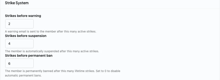 A real BuddyNext moderation panel showing the native strike system thresholds
