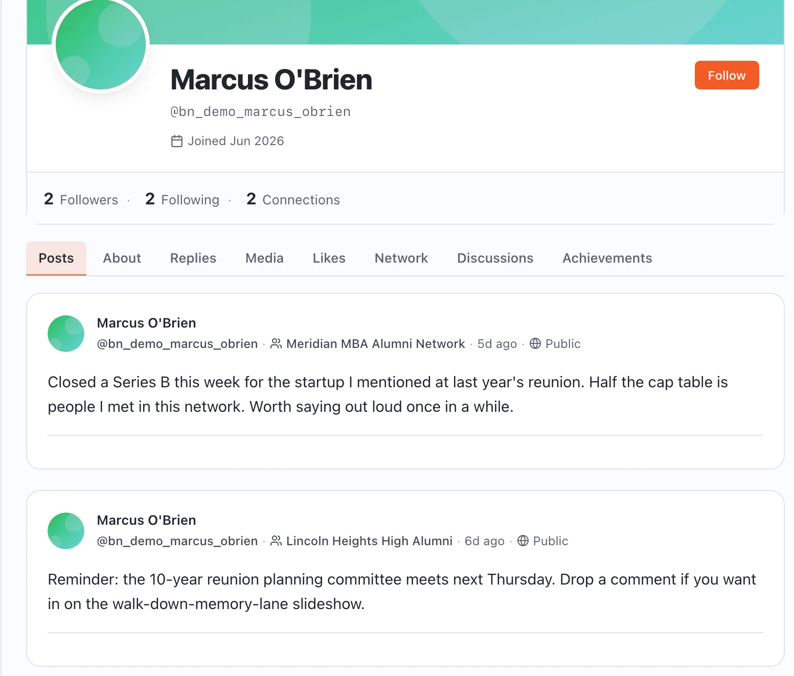 A real, publicly reachable BuddyNext member profile showing a public post history