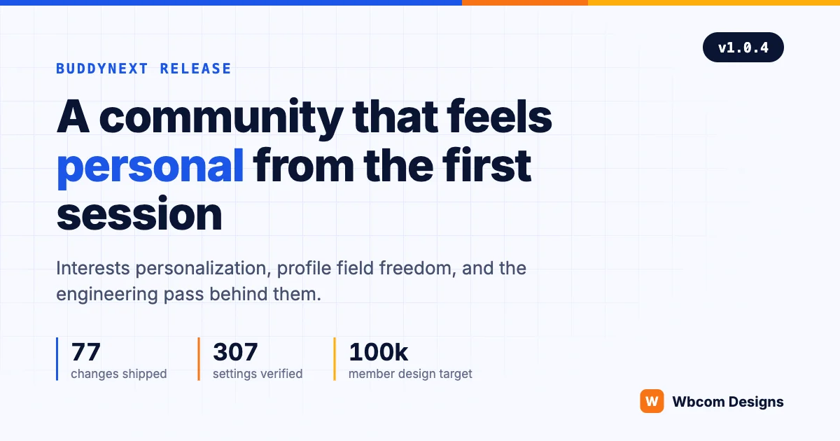 BuddyNext 1.0.4 release: a community that feels personal from the first session, with 77 changes shipped and 307 settings verified