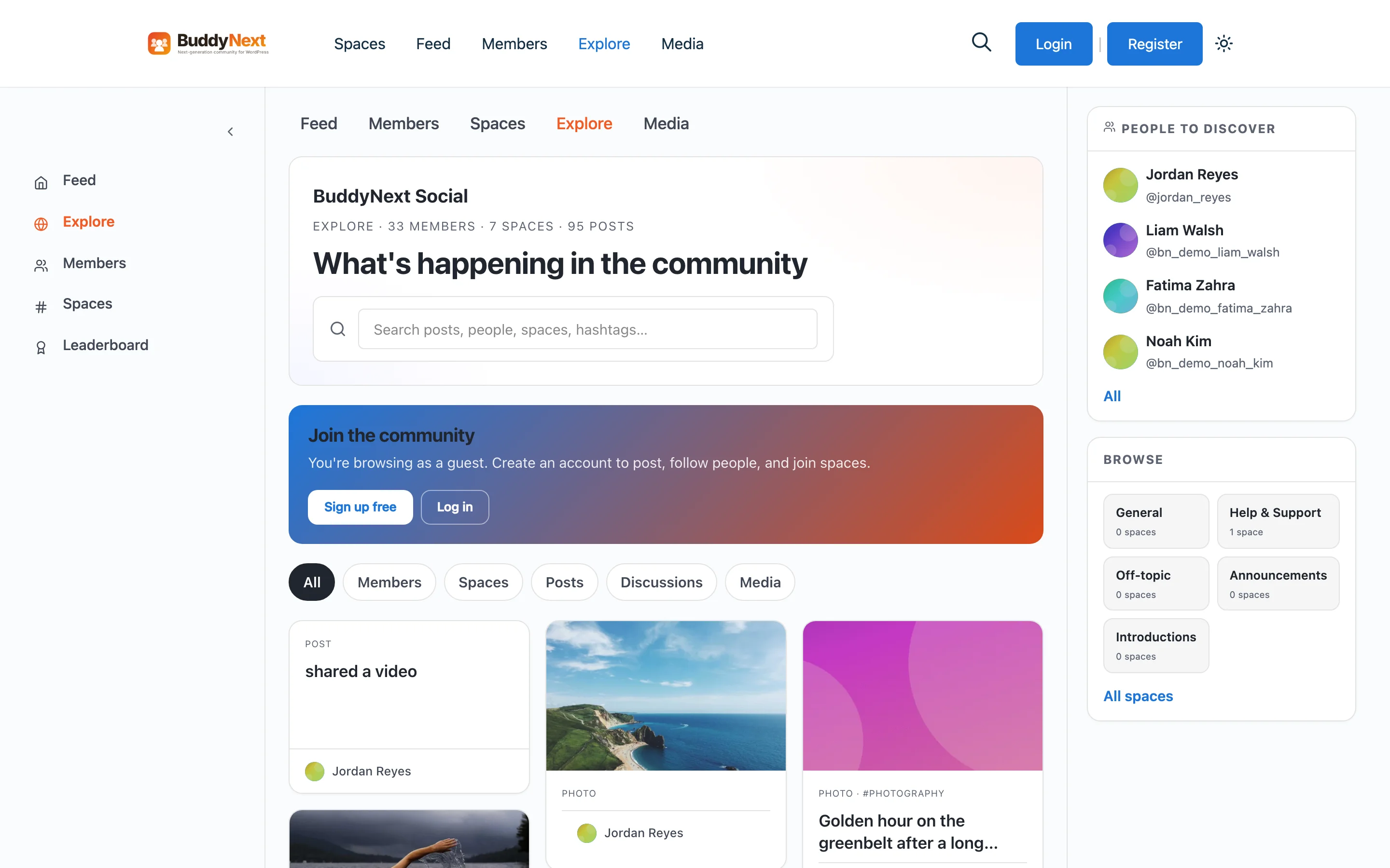 BuddyNext community activity feed showing posts, photos, and people to discover
