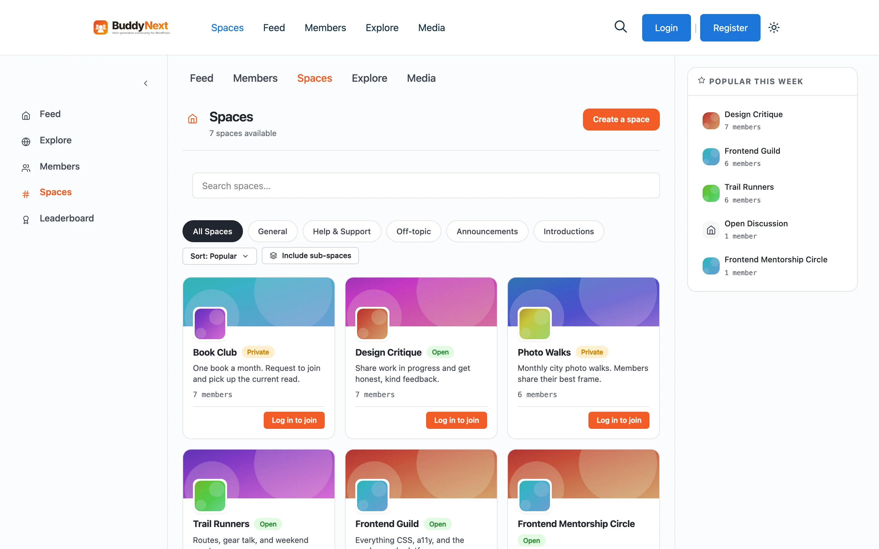 BuddyNext spaces directory showing group cards like Book Club, Design Critique, and Photo Walks