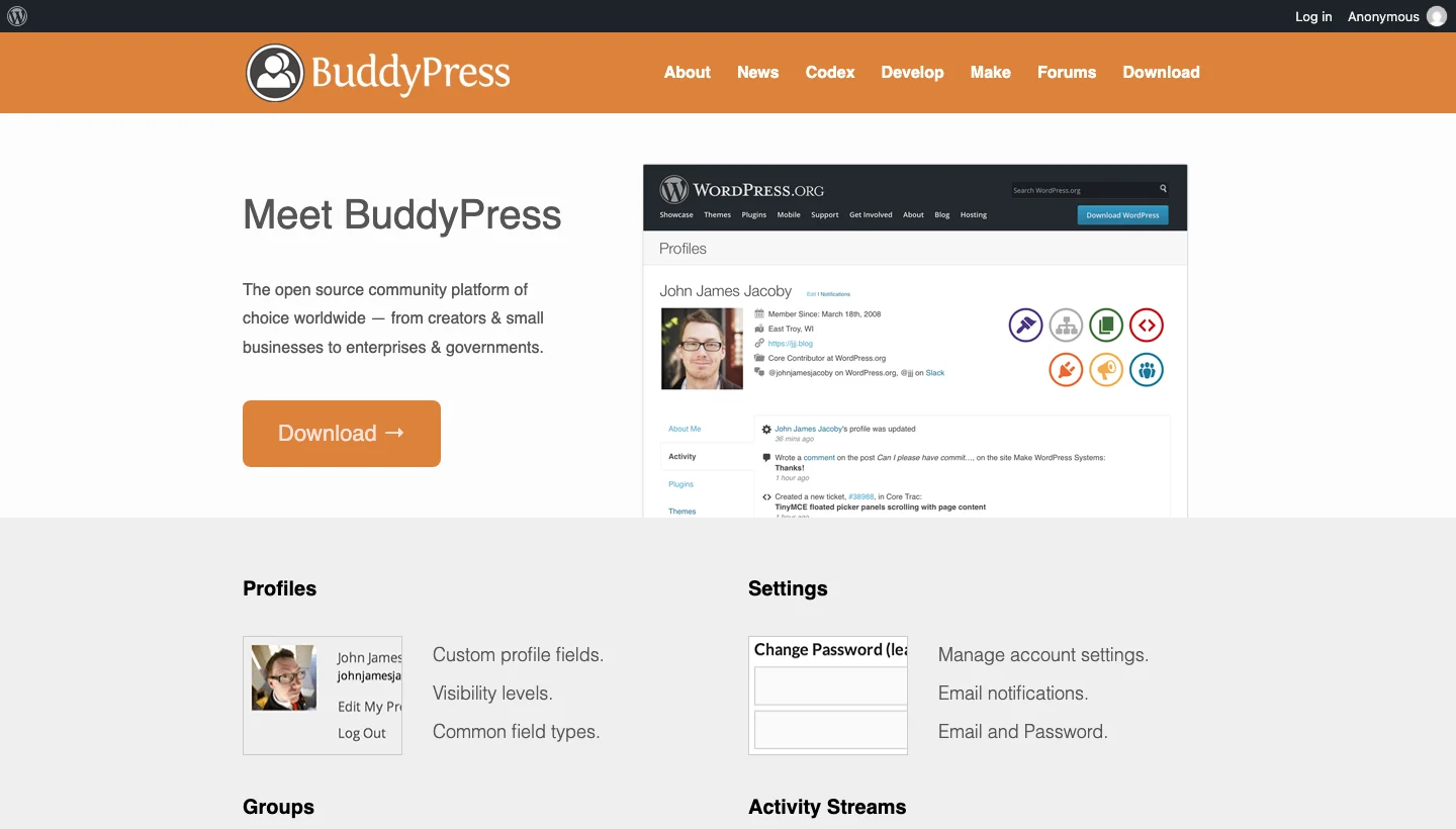 BuddyPress open-source WordPress social network plugin