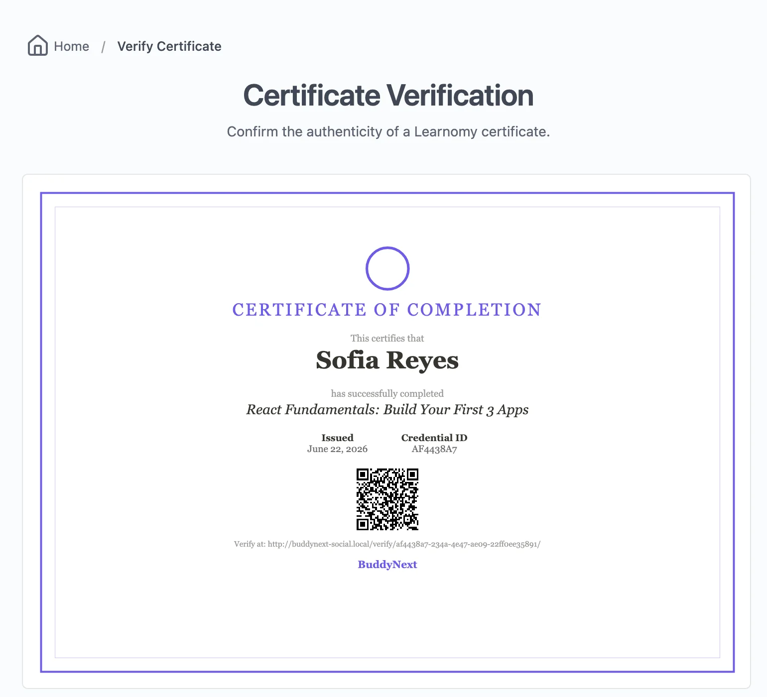 A real, publicly verifiable Learnomy course certificate with QR code