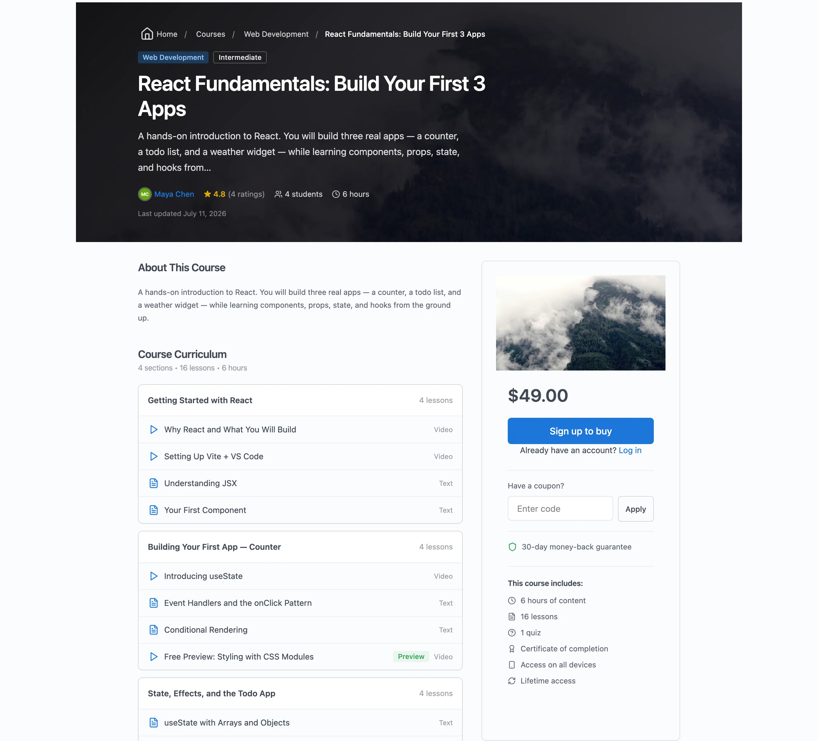 A real Learnomy course page: one-time price, lifetime access, no live component