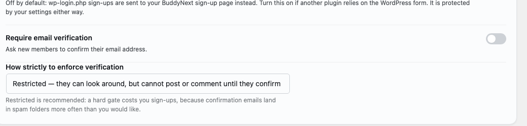 BuddyNext Registration & Login settings showing email verification enforcement set to Restricted, with a warning that a hard gate costs signups