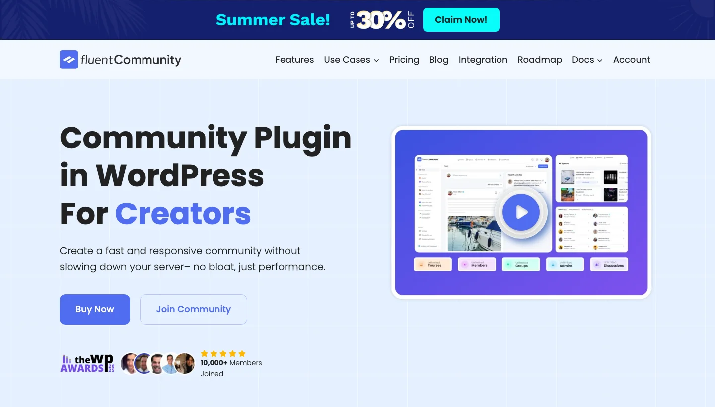 FluentCommunity WordPress community plugin homepage